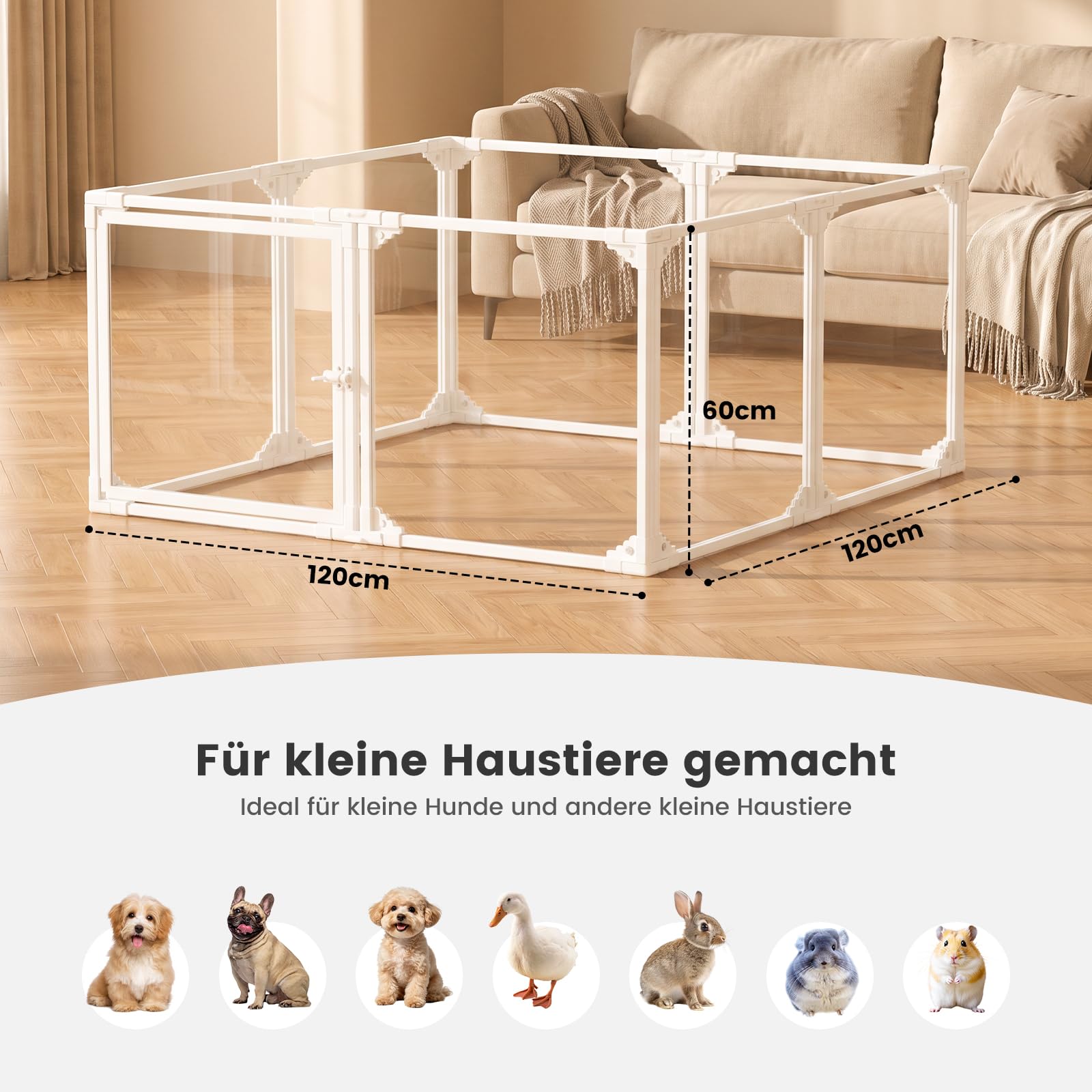 Gardner Pet Przezroczysta płot dla psa, 8 paneli, 60 cm, biała | Metalowa obudowa wewnętrzna z płyty PET, zamknięcie zatrzaskowe i przyssawki, 7 paneli + 1 drzwi dla małych zwierząt