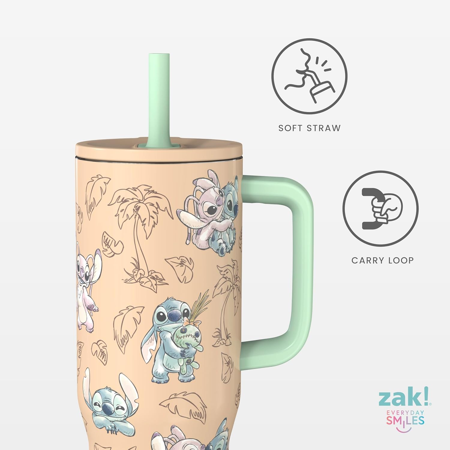 Zak Designs Disney Sutton Travel Tumbler for On the Go, 30oz Stainless Steel with Vacuum Insulation, Silicone Straw, and Carry Handle for Cold Drinks (Stitch, Angel) - Image 2