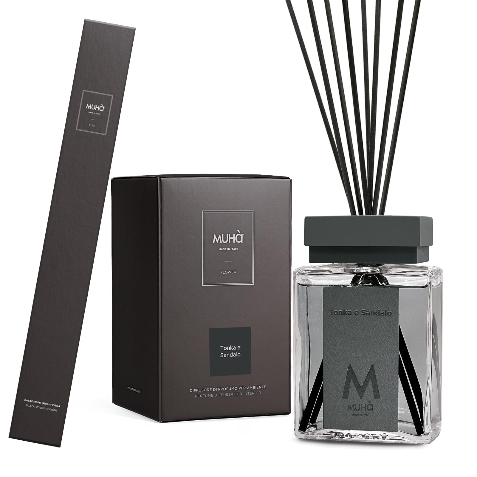 MUHA' Perfume Dyfuzor zapachowy Tonka i drzewo sandałowe, dyfuzor pokojowy z patyczkami, 500 ml