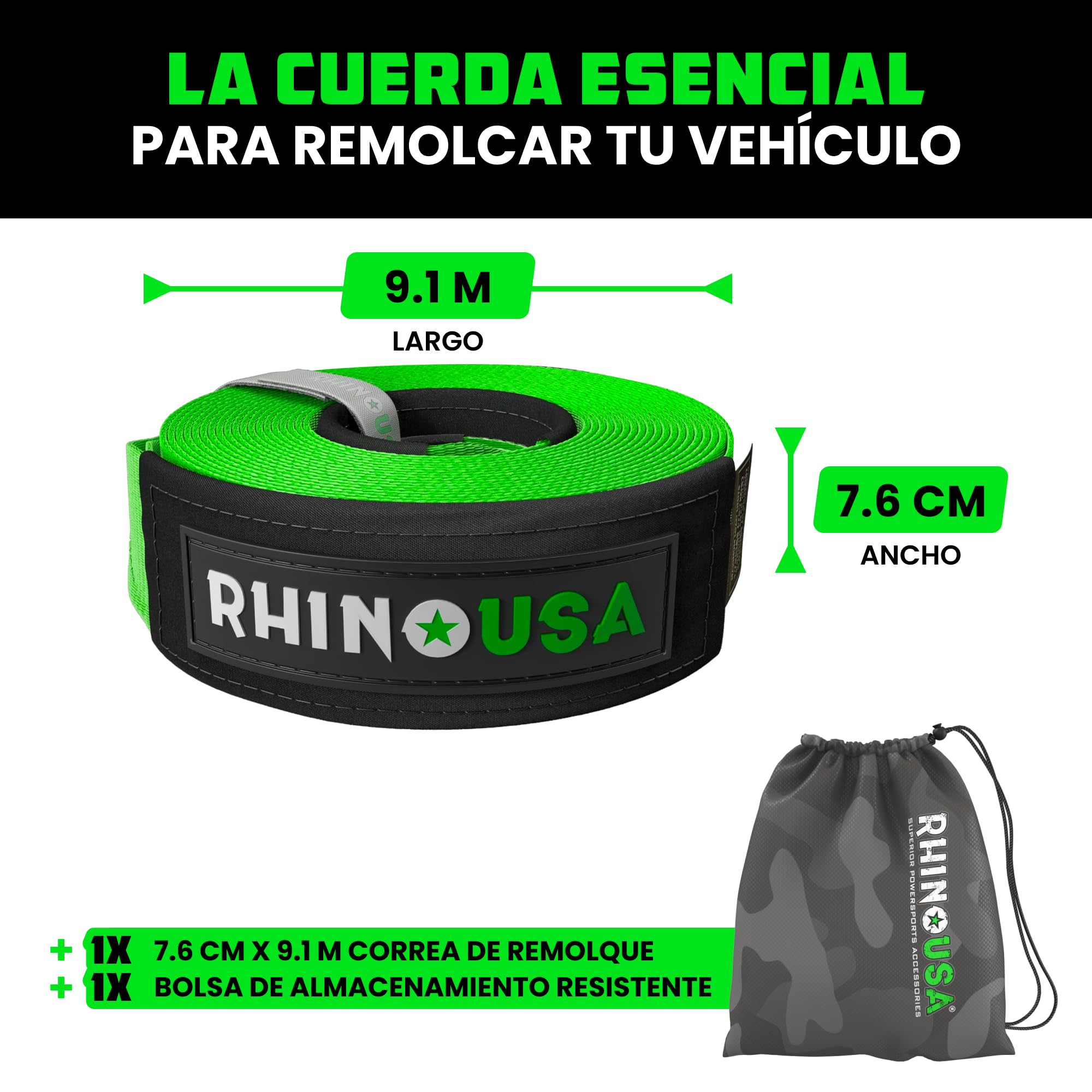 Rhino USA Correa de Remolque (7,6cmX9,1m) - Resistencia a la Rotura de 13.600 kg - Cuerda de Recuperación de Emergencia para Camión, UTV, ATV - Recuperación Heavy Duty para Uso Todoterreno 4X4 - Verde