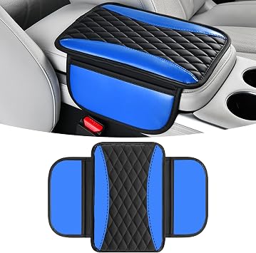 Patchwork Leather Center Console Covers with Side Storage Pockets, Upgraded Arm Rest Cover for Car Seat Organizer, Stylish Car Decorations Interior Car Middle Console Cover Pad Blue