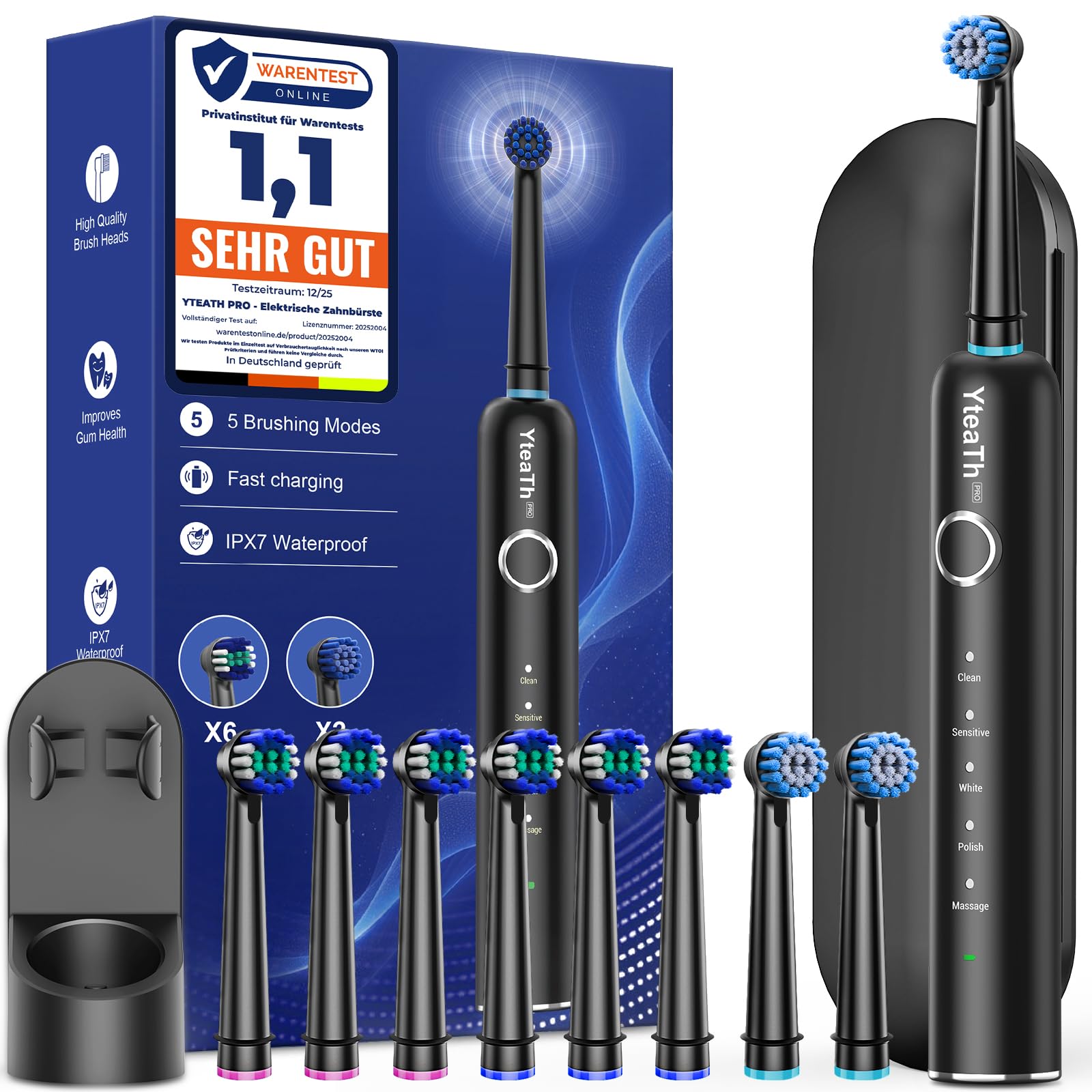 Rotierende Elektrische Zahnbürste für Erwachsene und Kinder mit 8 Aufsteckbürste, Electric Toothbrush mit Wandhalterung Ladestation, 5 Putzmodi und Reiseetui, 60 Tage Akkulaufzeit (Schwarz)