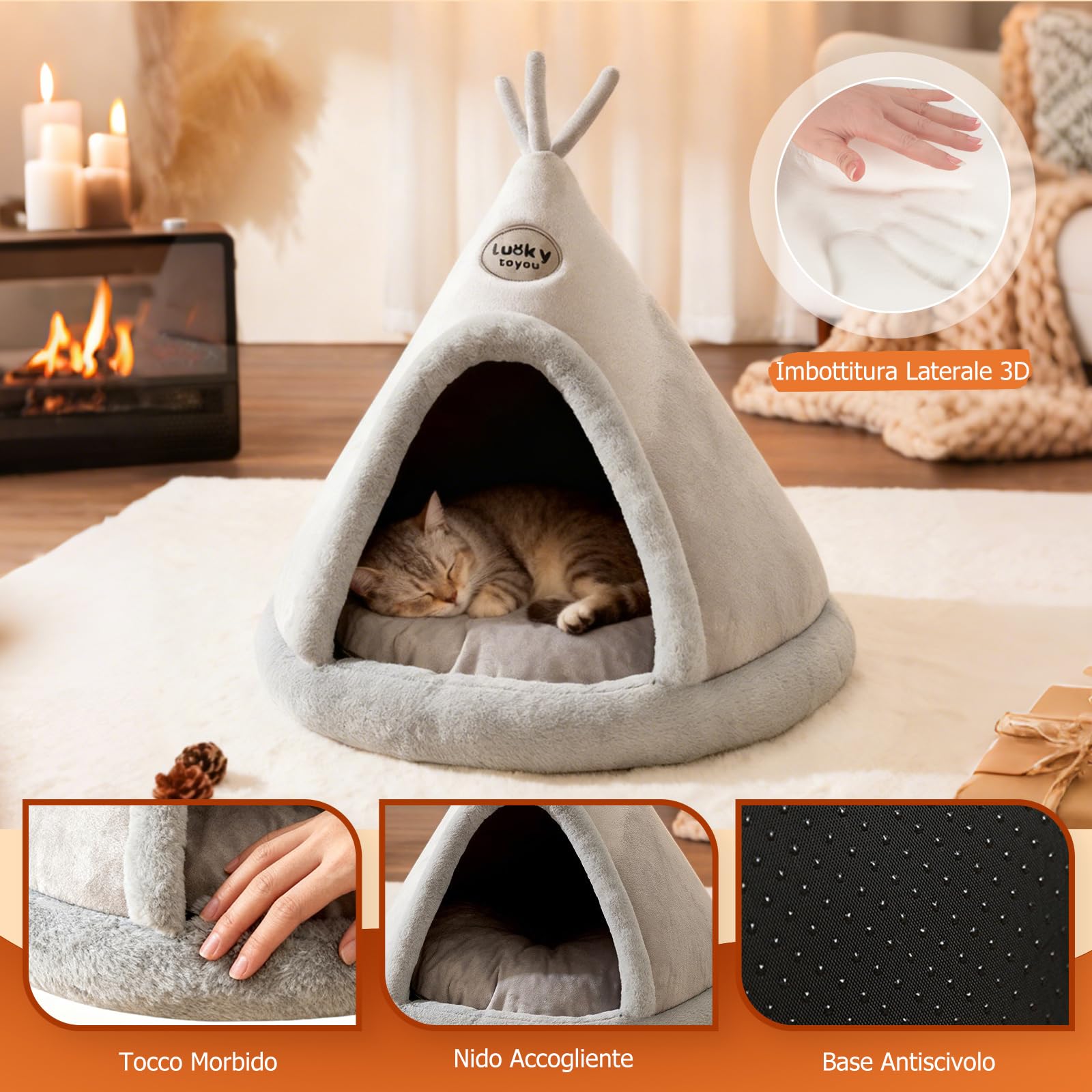 PETCUTE Cuccia per Gatti Semi-Chiusa,Super Morbido,Letto per Gatti con Giocattolo Sospeso e Cuscino Rimovibile Lavabile,Cuccia Gatto Chiusa Interno con Fondo Antiscivolo,XL