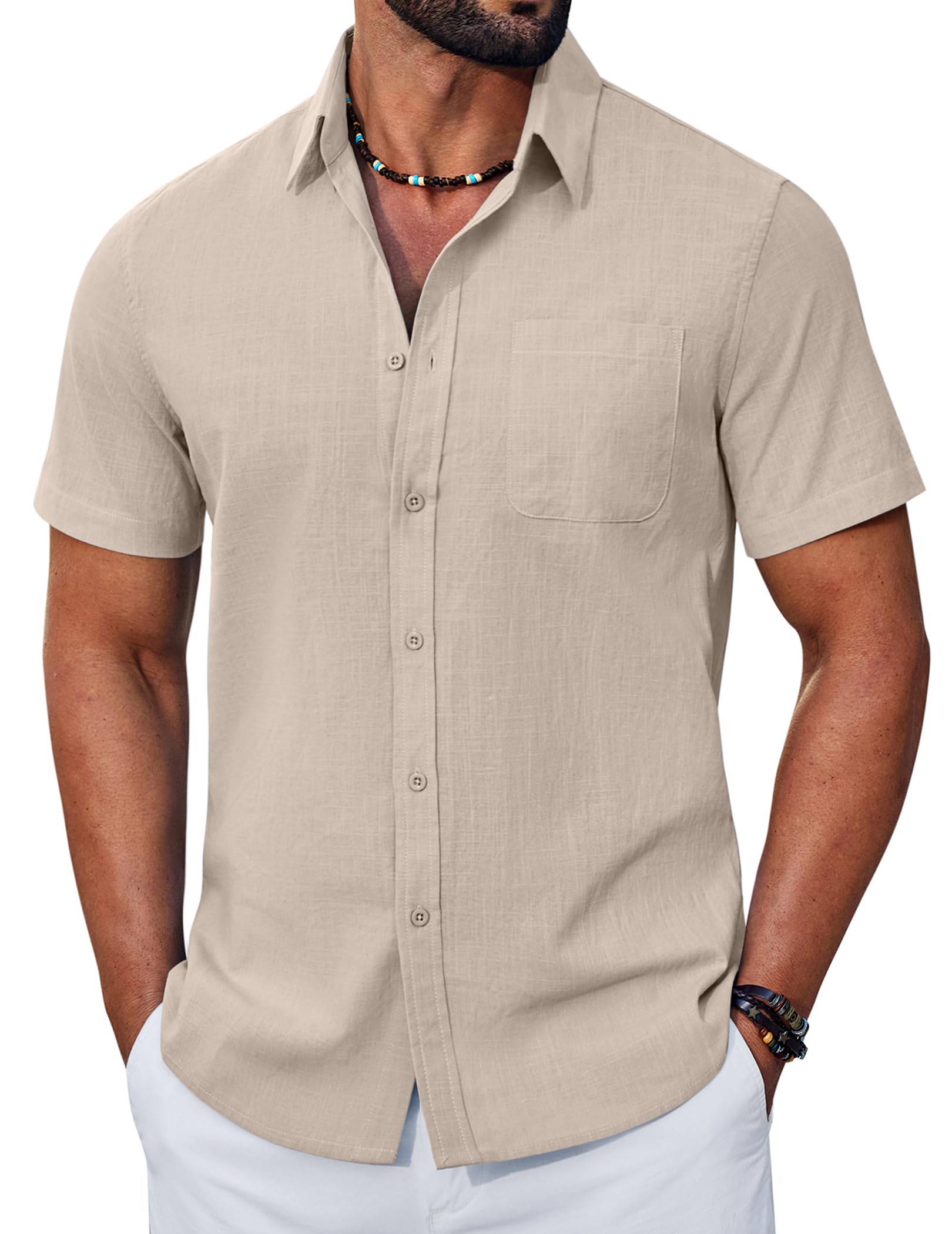 COOFANDY Camicia Uomo a Maniche Corte in Cotone Estiva Regular Fit Camicie Casual con Tasche
