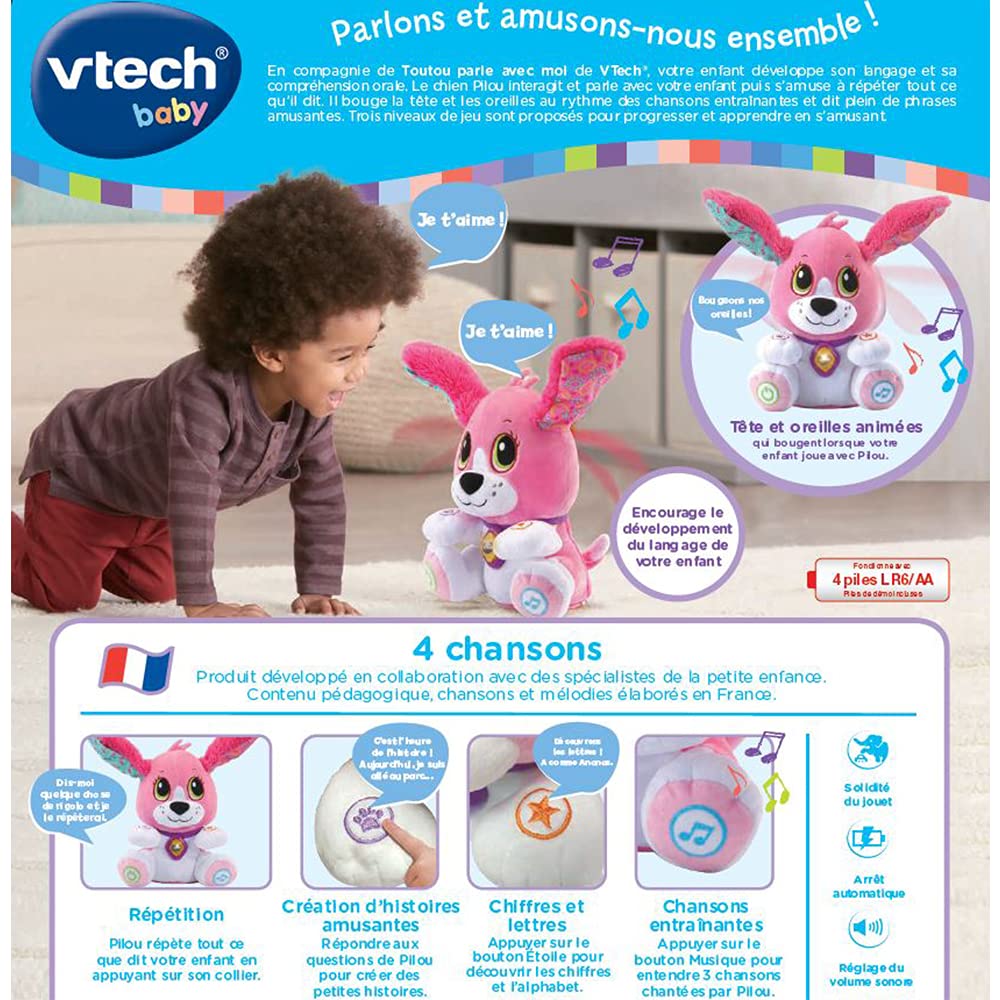VTech - Toutou Parle avec Moi Rose, Jouet Chien Interactif Qui Répète, Bouge la Tête et Les Oreilles, Peluche Bébé à Fonctions, Jeu Évolutif et Éducatif, Cadeau Enfant Dès 1 an - Contenu en Français