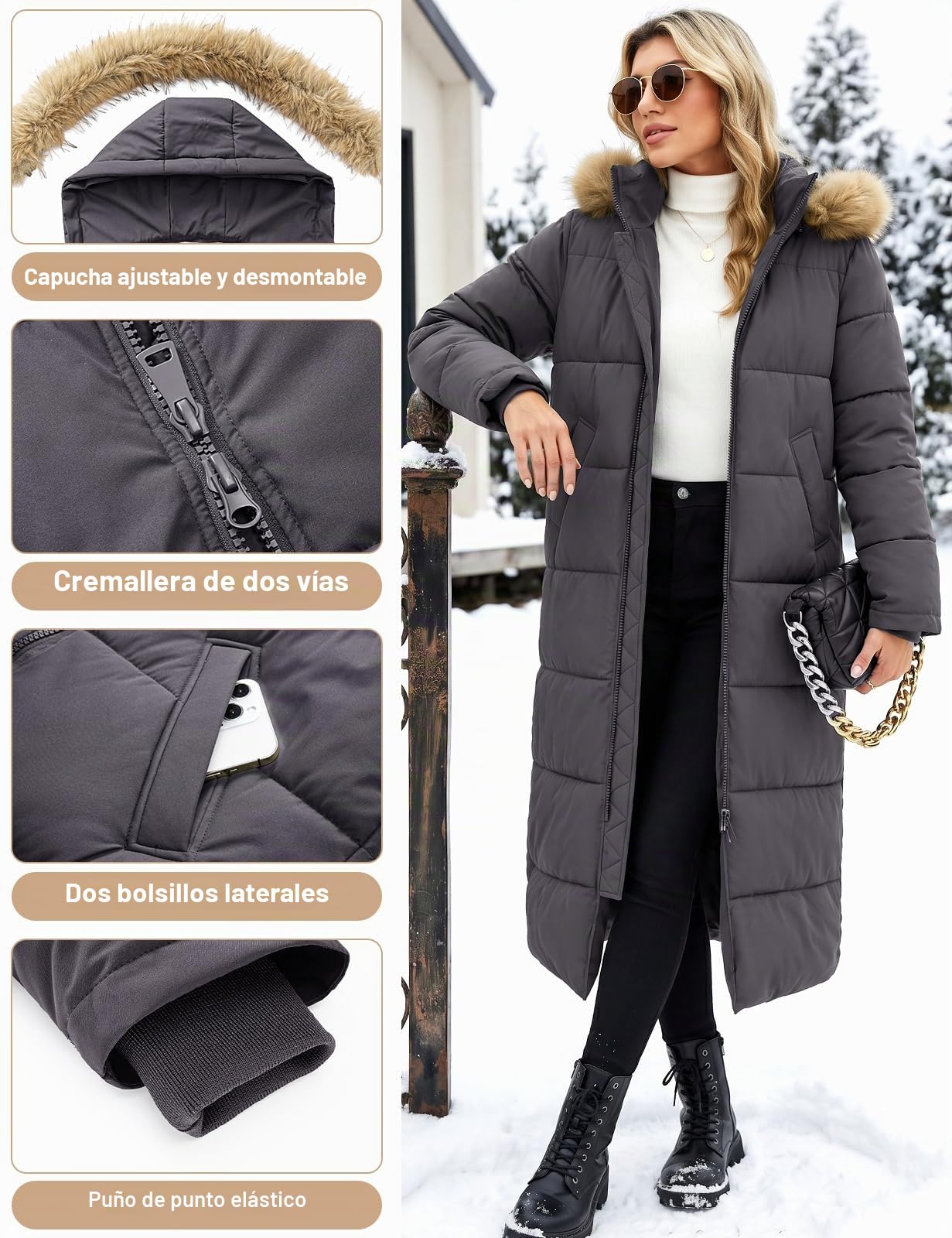 Tuopuda Larga Acolchado Abrigo de invierno para Mujer Chaqueta Espeso con Capucha Abrigo Largo Resistente al Viento con Cremallera y Bolsillos