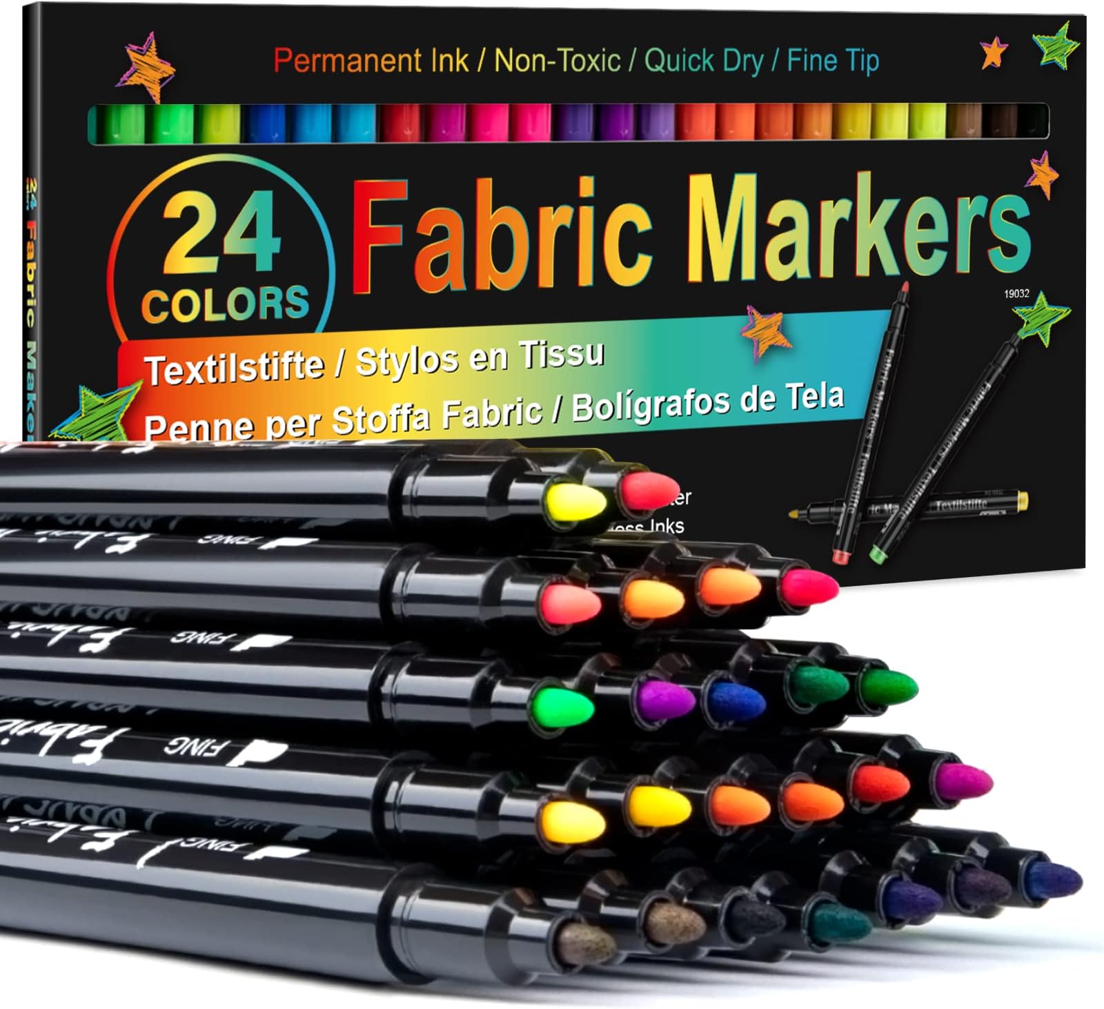 DAPAWINFabric Markers Permanent for Clothes, 24 Colors Fabric Pens No Bleed, Fine Tip for Kids, Non-Toxic Markers Paint for Tote Bag White Shirt Baby Bibs Shoes