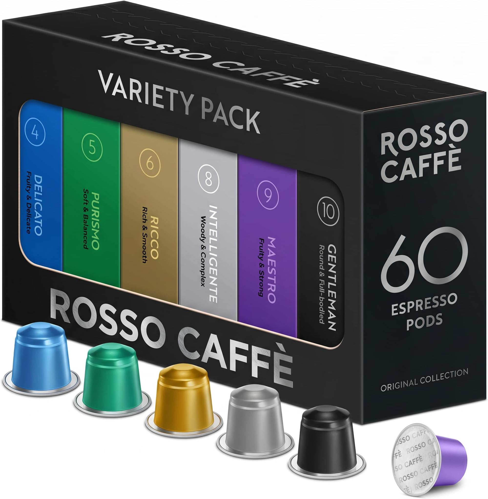 60 Espresso Coffee Pods for Nespresso Original Machines - Premium Capsule Sampler Variety Pack 6 Flavors, Rich Breakfast to Intense Roasts
