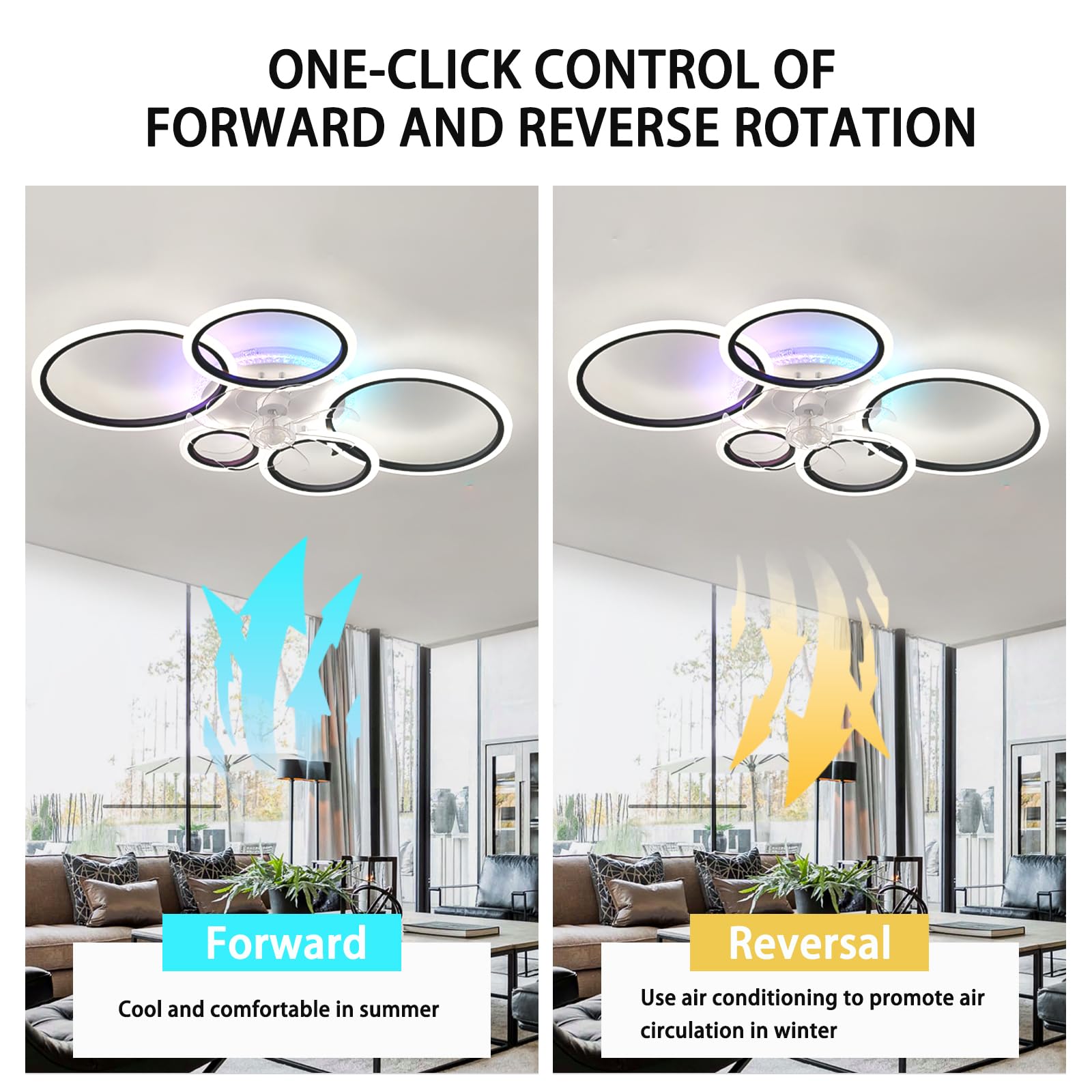 95cm RGB Deckenleuchte Mit Ventilator Groß Dimmbar, Reversibel Deckenleuchte Mit Ventilator Und Fernbedienung App, Modern Deckenventilator Mit Beleuchtung 72w Wohnzimmer Leise Timer-Black