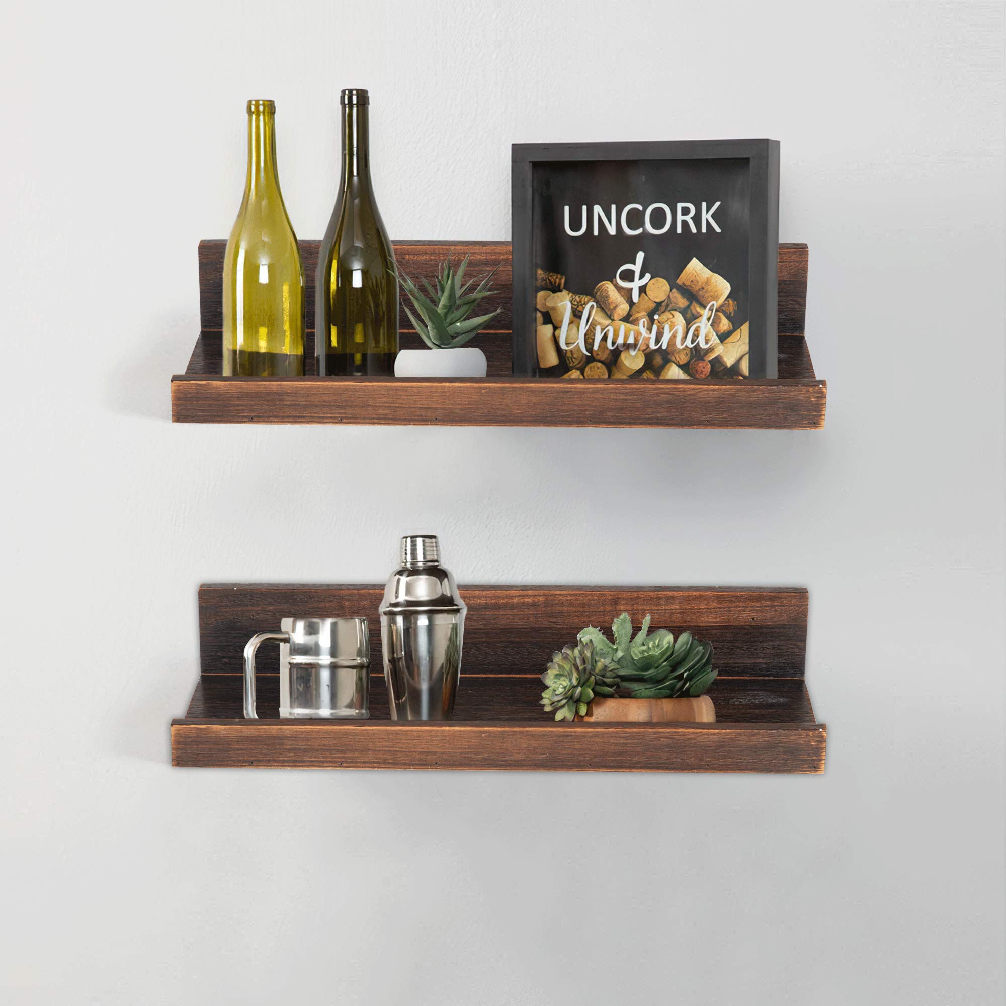 KIAYACI Wall-Mounted Wood Wine Rack – Holds 7 Bottles & 5 Glasses, Brown, 24x7.4x6 Inches, Floating Shelf For Kitchen, Dining, Bar