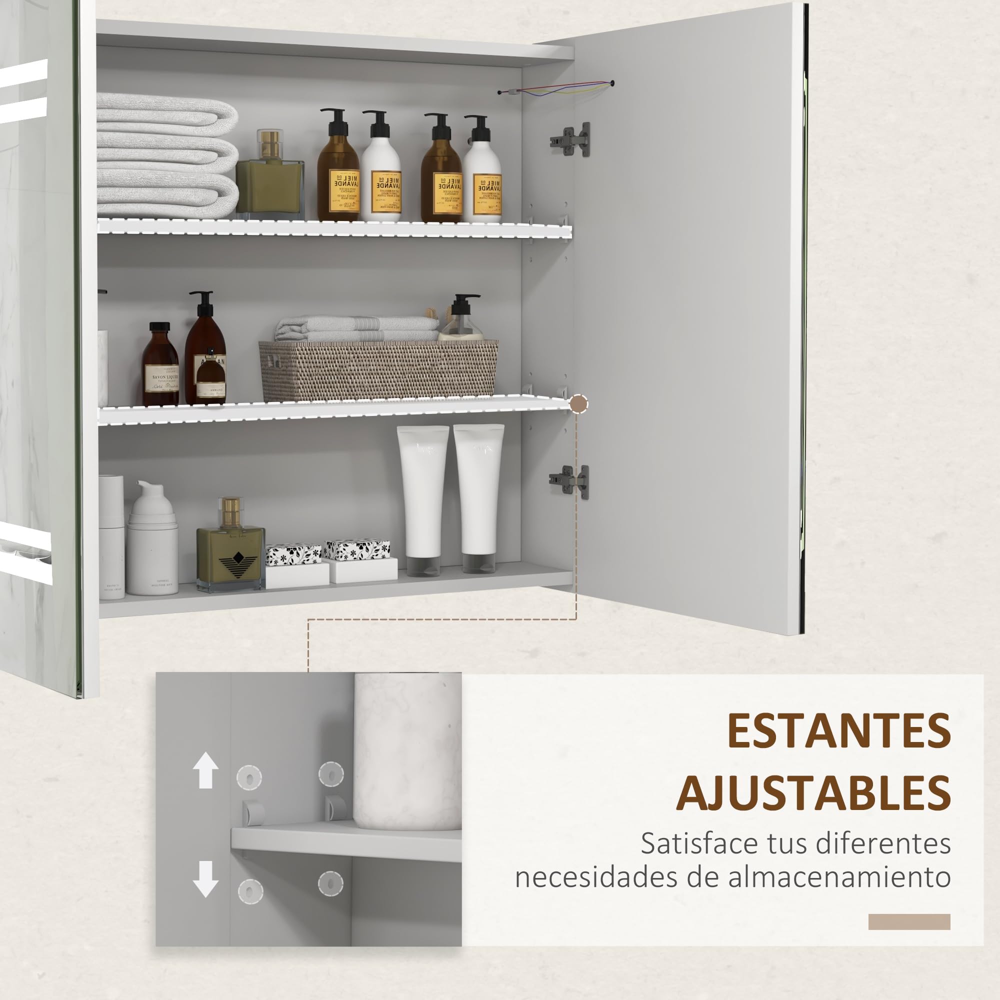 kleankin Armario de Baño con Espejo LED 80x15x65 cm Blanco Brillante | Camerino de Baño, Color de Luz Ajustable, 2 Puertas, Estantes Ajustables, Interruptor Táctil