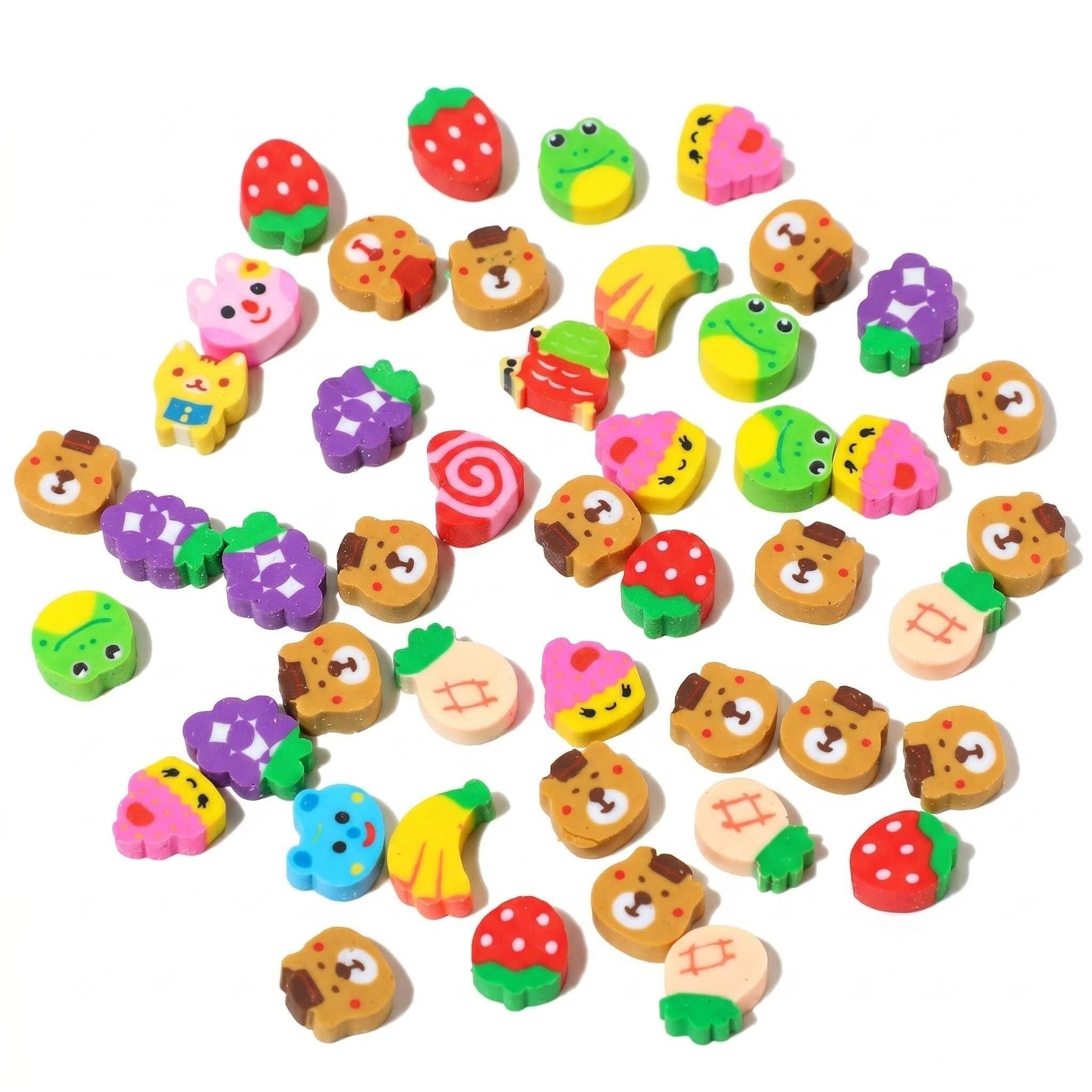 Satiskid 100 Pcs Cute Mini Cartoon Erasers, Animal & Fruit Shaped Pencil Erasers, Cute Pencil Rubbers for Kids School Supplies Party Favors Classroom Prizes Homework Rewards