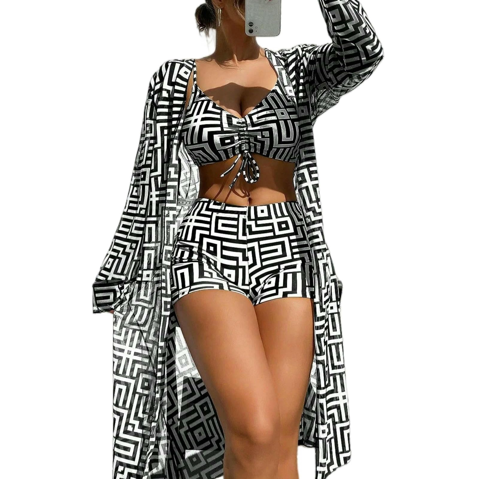 Bañador Conjunto De Traje Baño Bikini con Tiras en Blanco Y Negro talla XL para la playa
