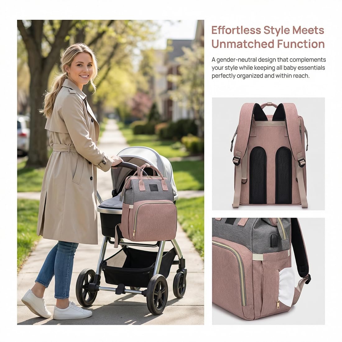 TEENY TRAVELER - Diaper Bag, Baby Changing Bags, Baby Bag for Mum with Portable Changings Mat, Stroller Straps, Multiple Pockets Nappy Changing Backpacks, Babys Essentials for Newborn (#B) — view 4
