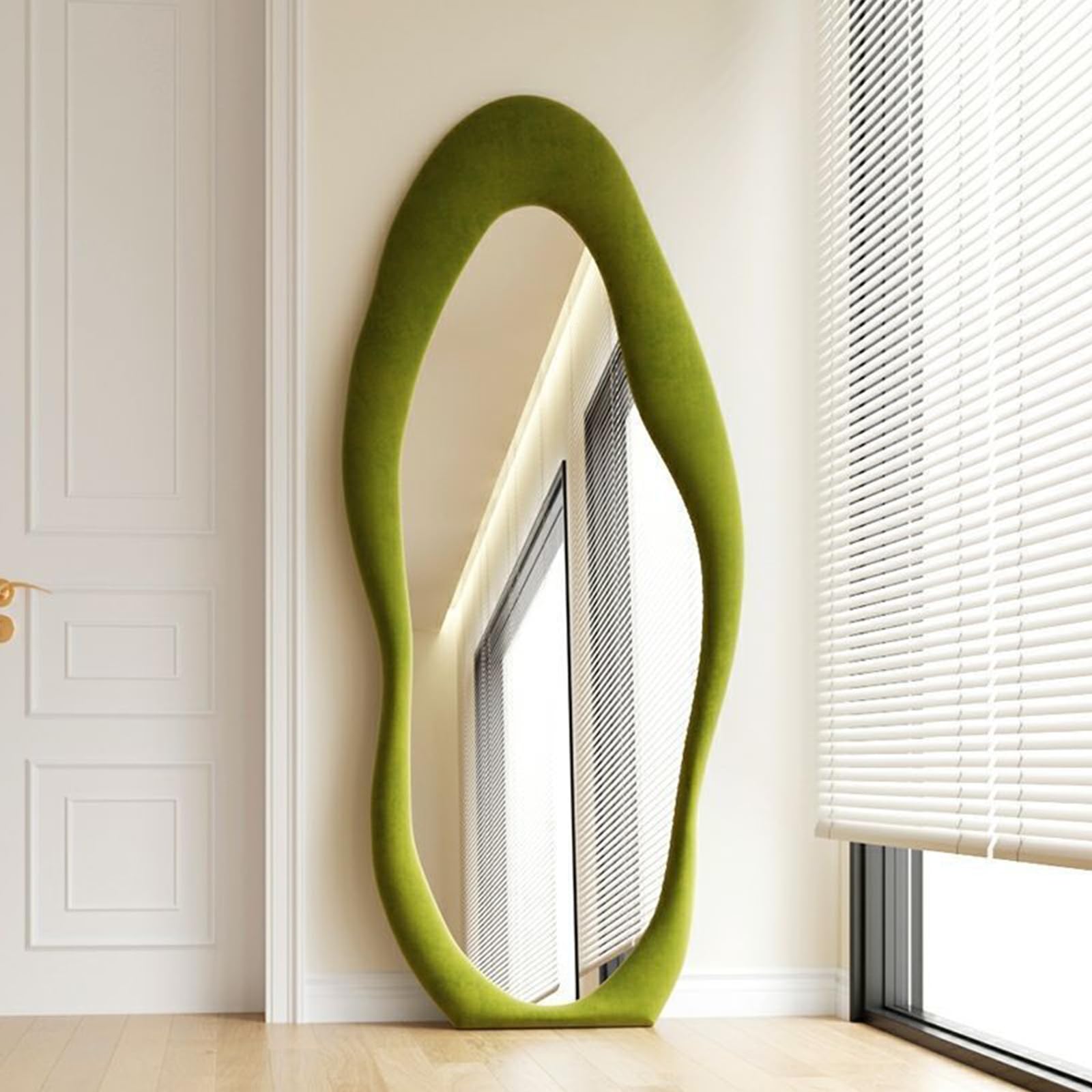 Asymmetrische spiegel, 160 x 60 cm, staande spiegel, full-body spiegel, groot met flanel omwikkeld houten frame, vloerspiegel, onregelmatige wandspiegel voor woonkamer, slaapkamer, hal (blauw