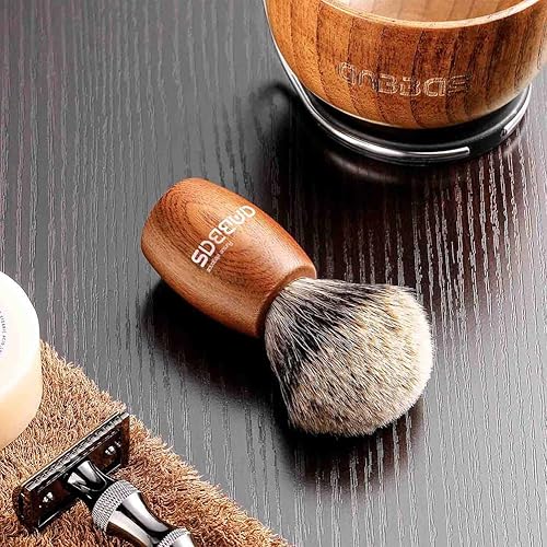 Vista 4 de Anbbas Cepillo de afeitar de pelo de tejón puro, mango de madera y jabonera grande con soporte de afeitado de acero inoxidable, kit 3 en 1
