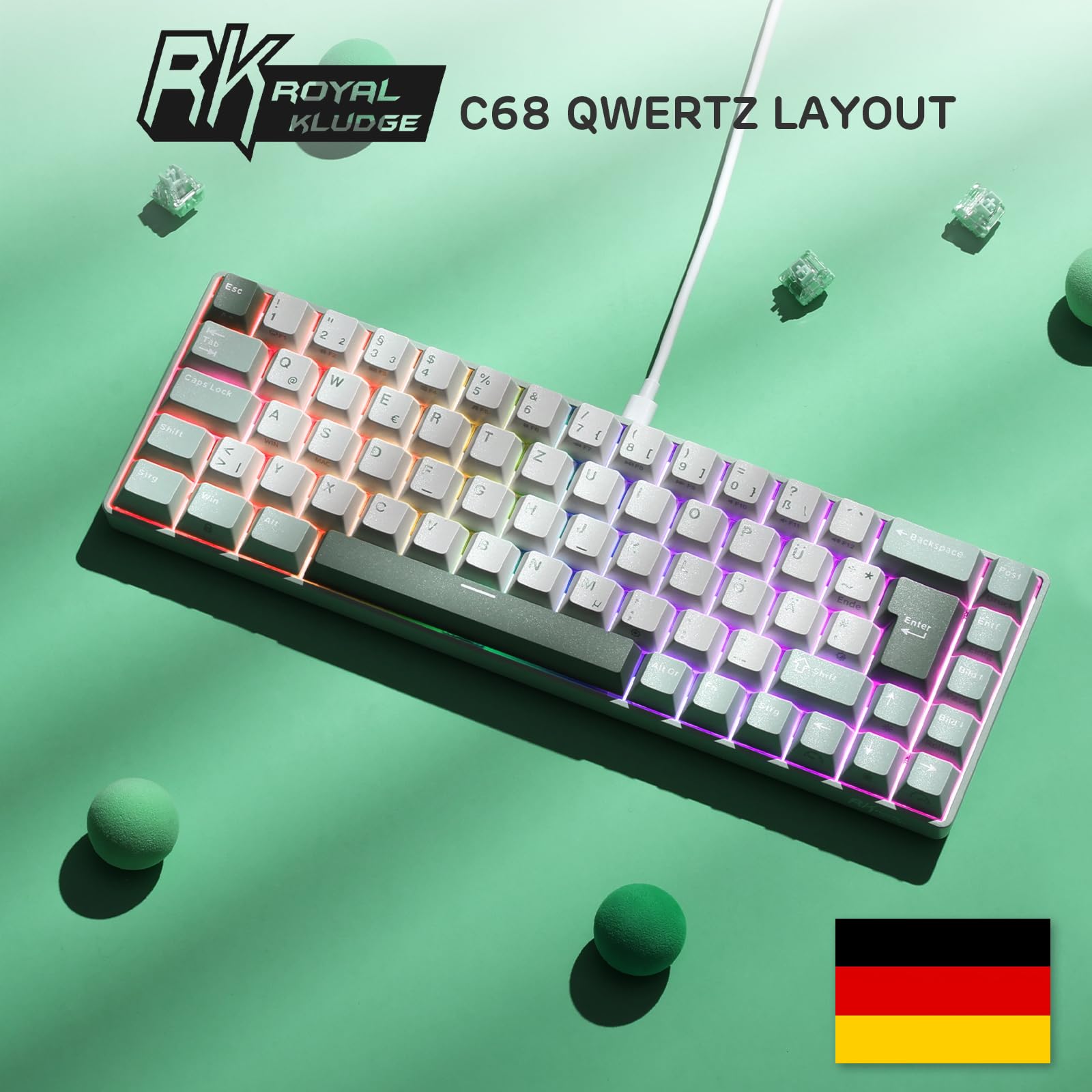 RK ROYAL KLUDGE C68 DE Hall Effekt Mechanische Gaming Tastatur, 65% HE-Magnetschalter, RGB-Kabel Hot-Swap-fähig, einstellbare Schnellfeuerfunktion, 8K-Abfragerate, Pro Web Driver Mac&Win,QWERTZ