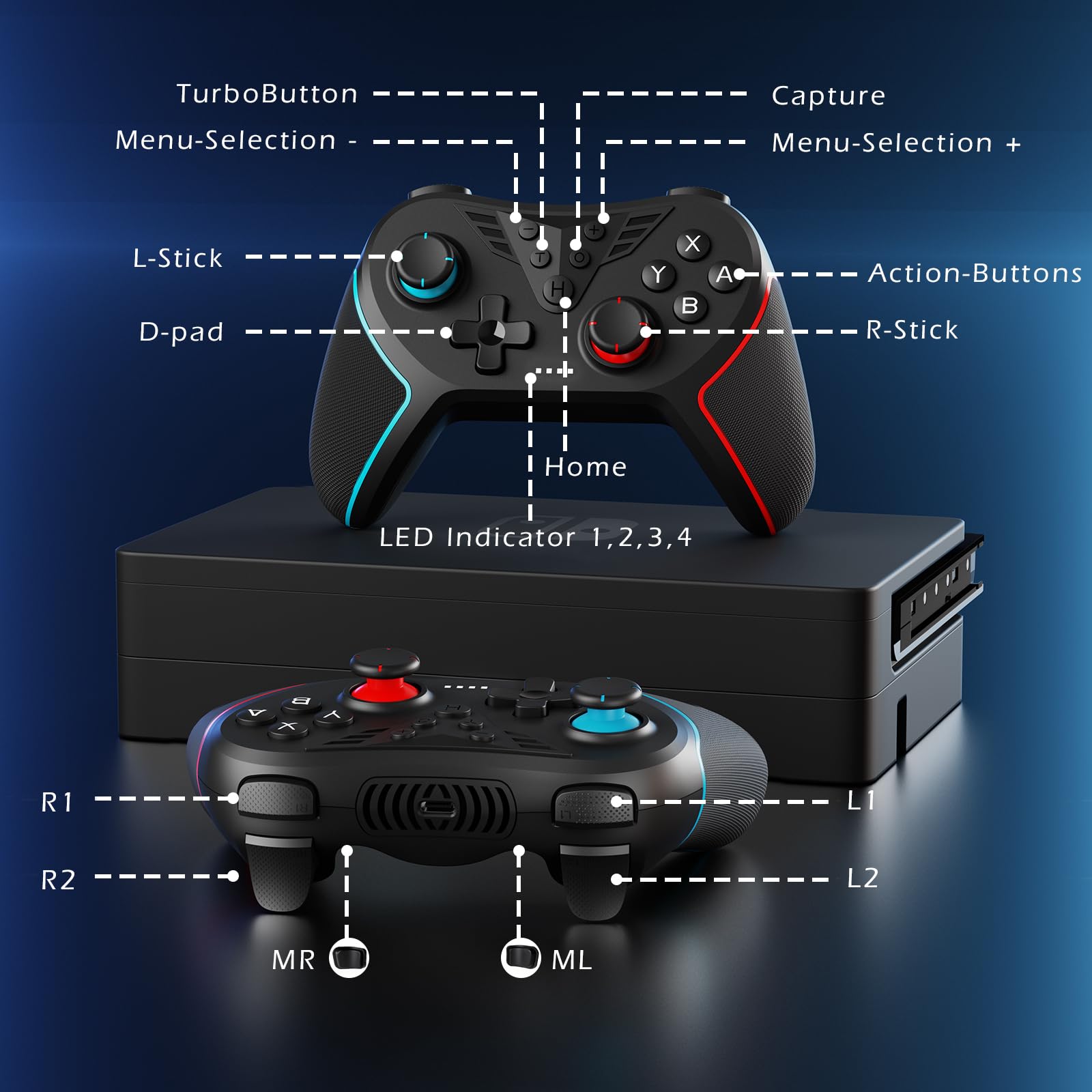 LATEC Controller per Switch/Switch 2, Controller Switch Wireless per Switch Lite con Joystick Hall/Pulsante Programmabile/ASSE Giroscopico/Vibrazione Regolabile/Funzione Turbo/Cattura Schermo,Nero