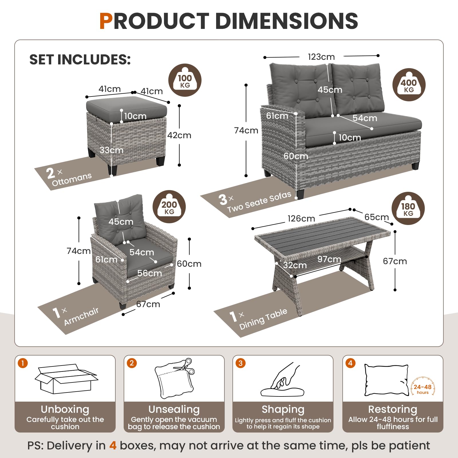 UDPATIO Rattan Gartenmöbel Set, Lounge Ecksofa mit Esstisch, Sessel & 2 Hocker, Wetterfest bis 8 Personen, Lounge Möbel Outdoor, Balkonmöbel, Terassenmöbel für Terrasse/Balkon/Garten, Grau