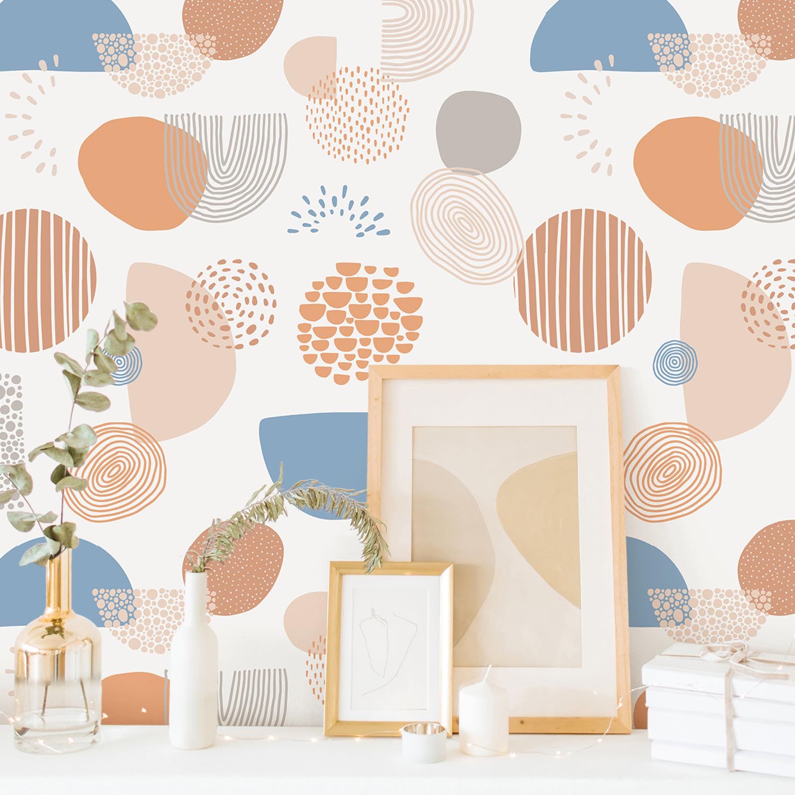 VEELIKE Boho Geometric Wallpaper Abstract Orange Blue Geometric Wallpaper for Bedroom Bathroom Contact Paper for Furniture Wall Paper Roll Living Room Removable Renter Friendly 44.5cm x 300cm - Image 3