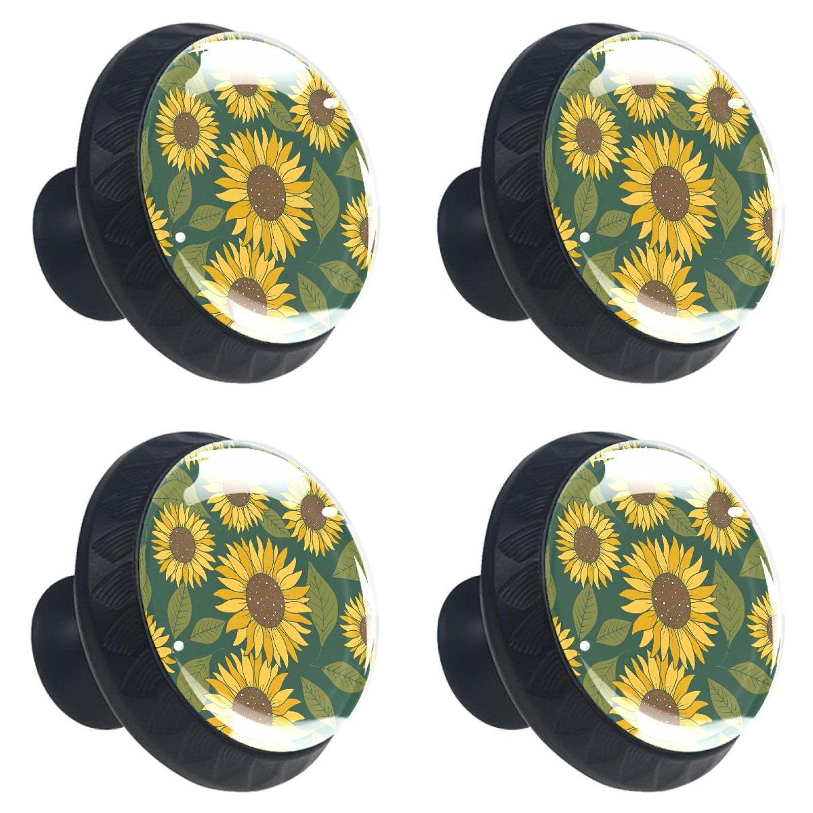 Lot de 4 boutons de tiroir en cristal de 30 mm avec motif feuilles de tournesol