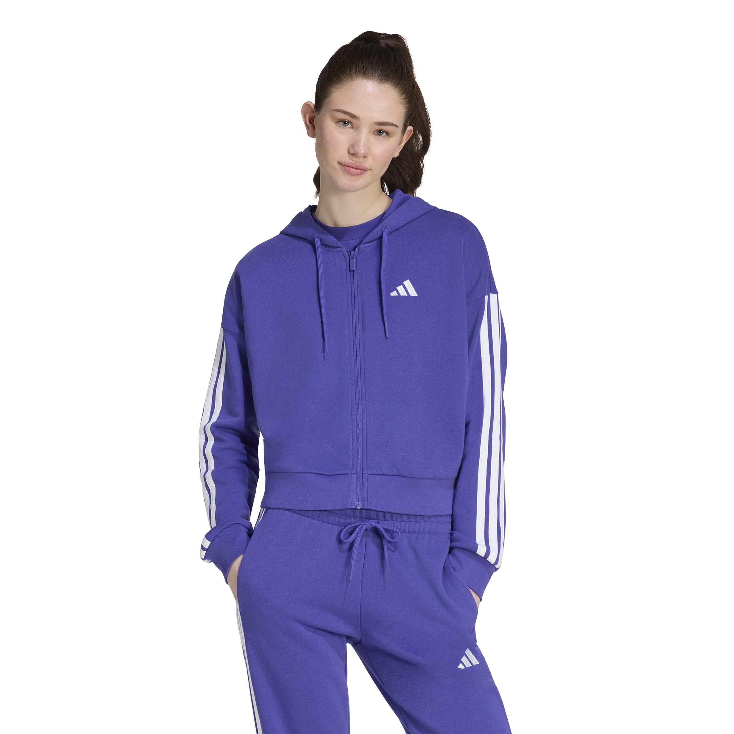 adidas Mujer Essentials 3-Stripes French Terry Full Zip Hoodie Sweatshirt, Pure Purple/White, XS