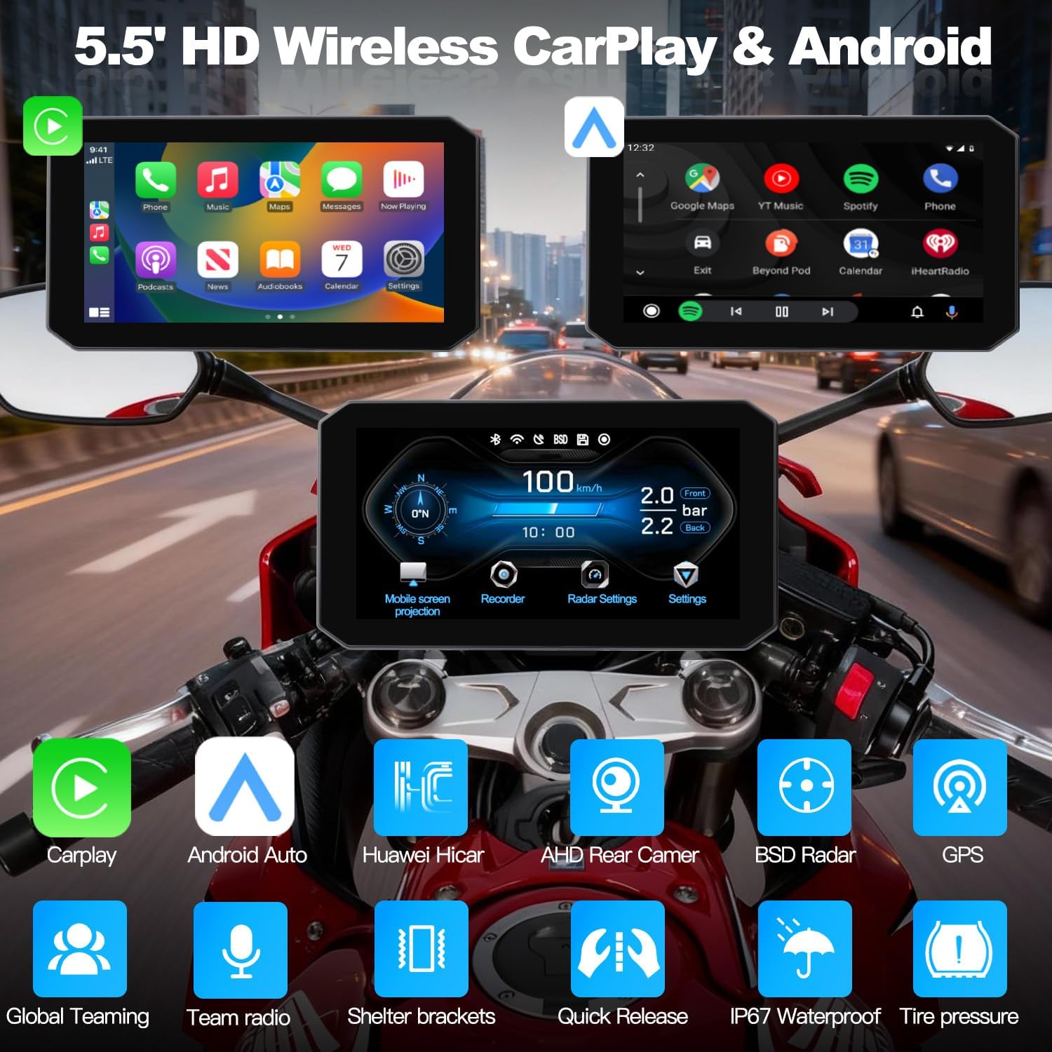 5.5 Inch Motorcycle Wireless CarPlay & Android Auto Touch Screen, IP67 Waterproof GPS Navigator,Universal Fit for Honda Yamaha Kawasaki Street Cruiser Riders