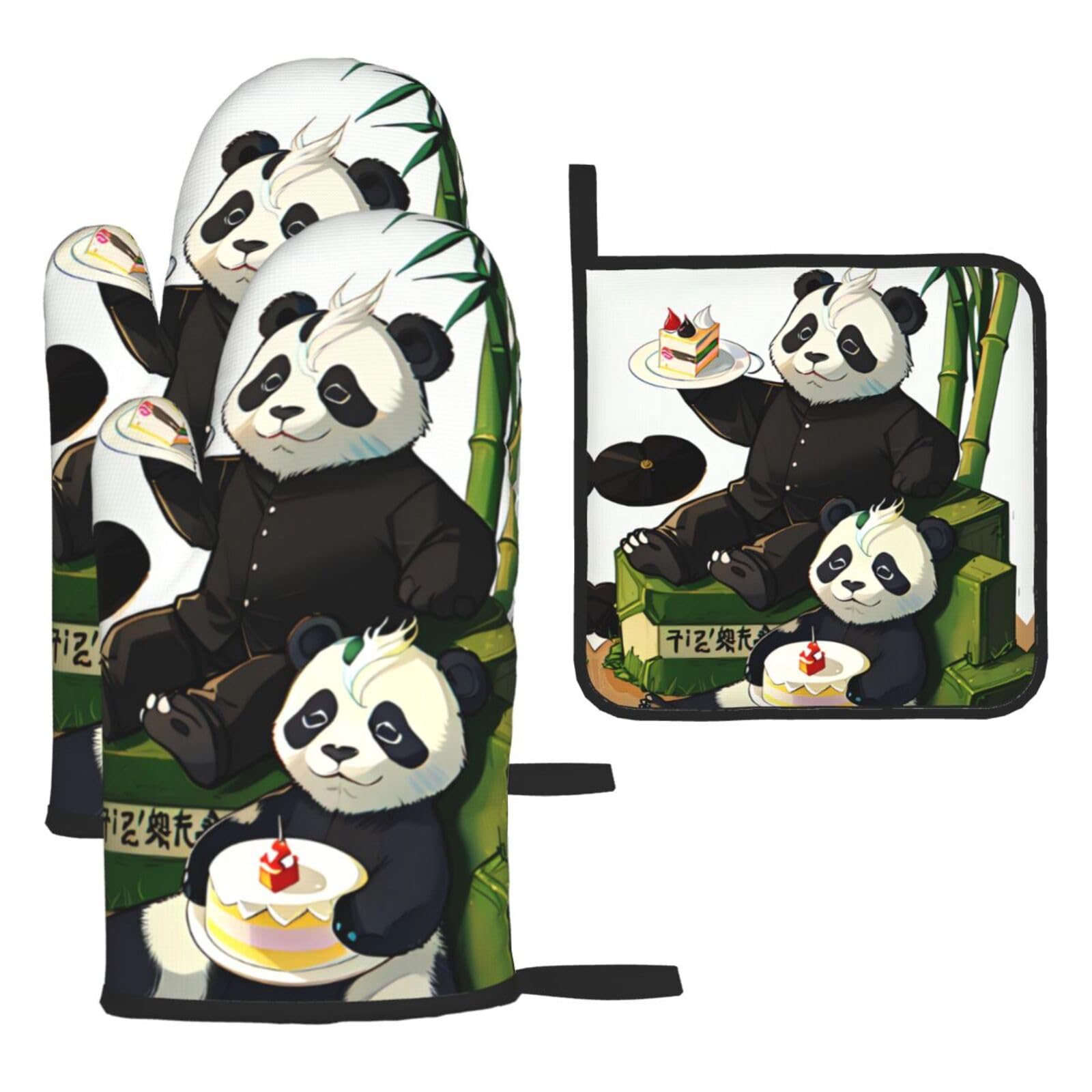 pandas of Father and son Oven mittens and oven mitts three-piece set suitable for oven, grilling, baking, microwave and home cooking.