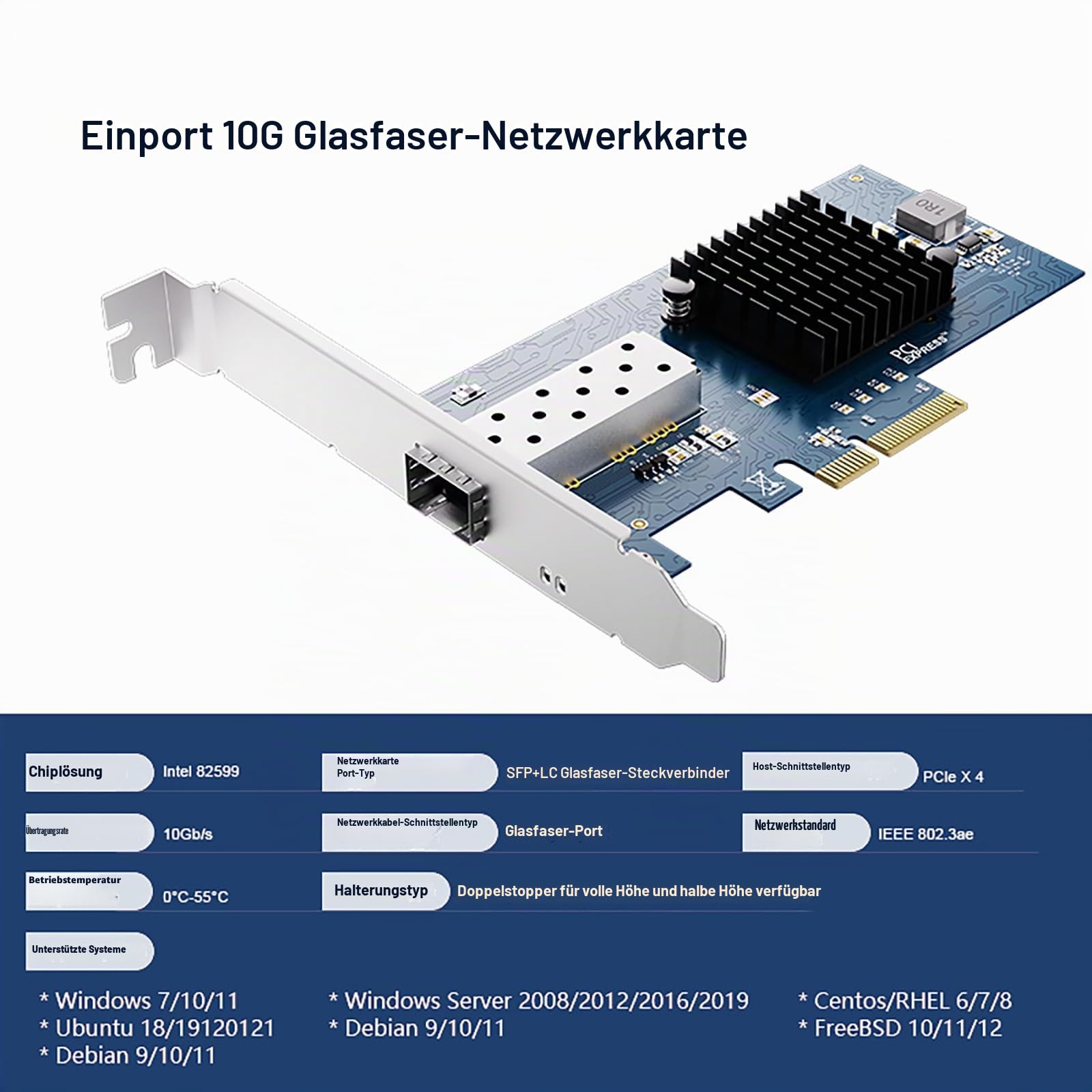 Offene SFP+ PCI-e-Netzwerkkarte, 10 GB, mit Int82599 (X520-DA1) Controller, 10 Gbit/s Ethernet-Adapter, 10 GB 10 G NIC-Karte, unterstützt Windows/Windows Server/VMware