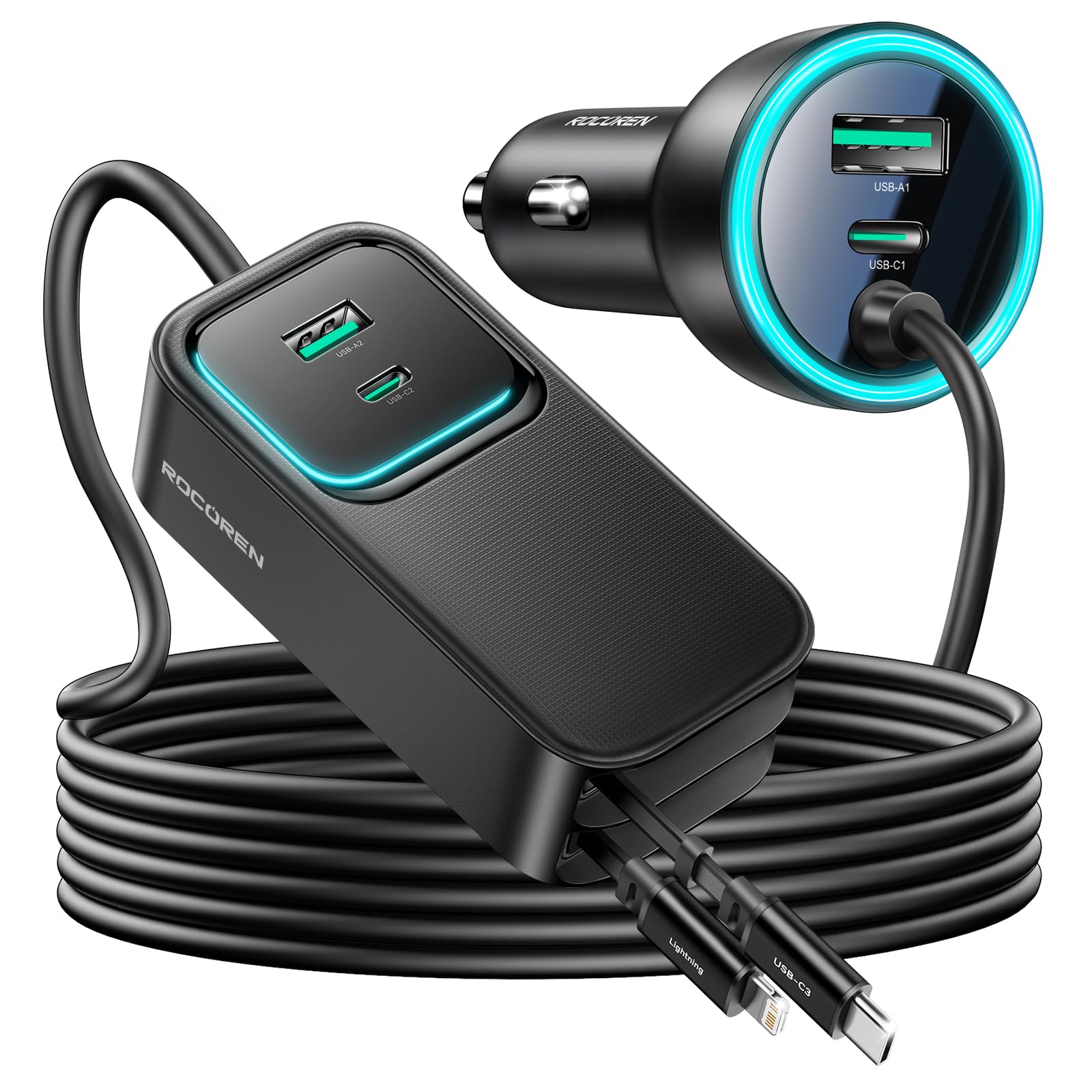 Rocoren Chargeur Voiture 135W Rétractable 6-en-1, Allume-Cigare 12-24V câble 1,5m. Charge Rapide PC Portable, téléphone, Tablette. Accessoire Auto Parfait Voiture, Camping-Car, Caravane & Voyages