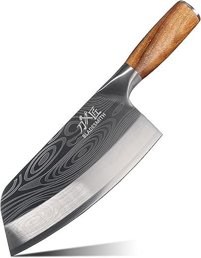 BLADESMITH Serbian Chef Knife, Butcher Knife Forged in Fire，8'' Cleaver Knife High Carbon Steel Bone Cutting Knife with Non-Slip Ergonomic Wenge Wood Handle for Kitchen/Restaurant/Slaughter House