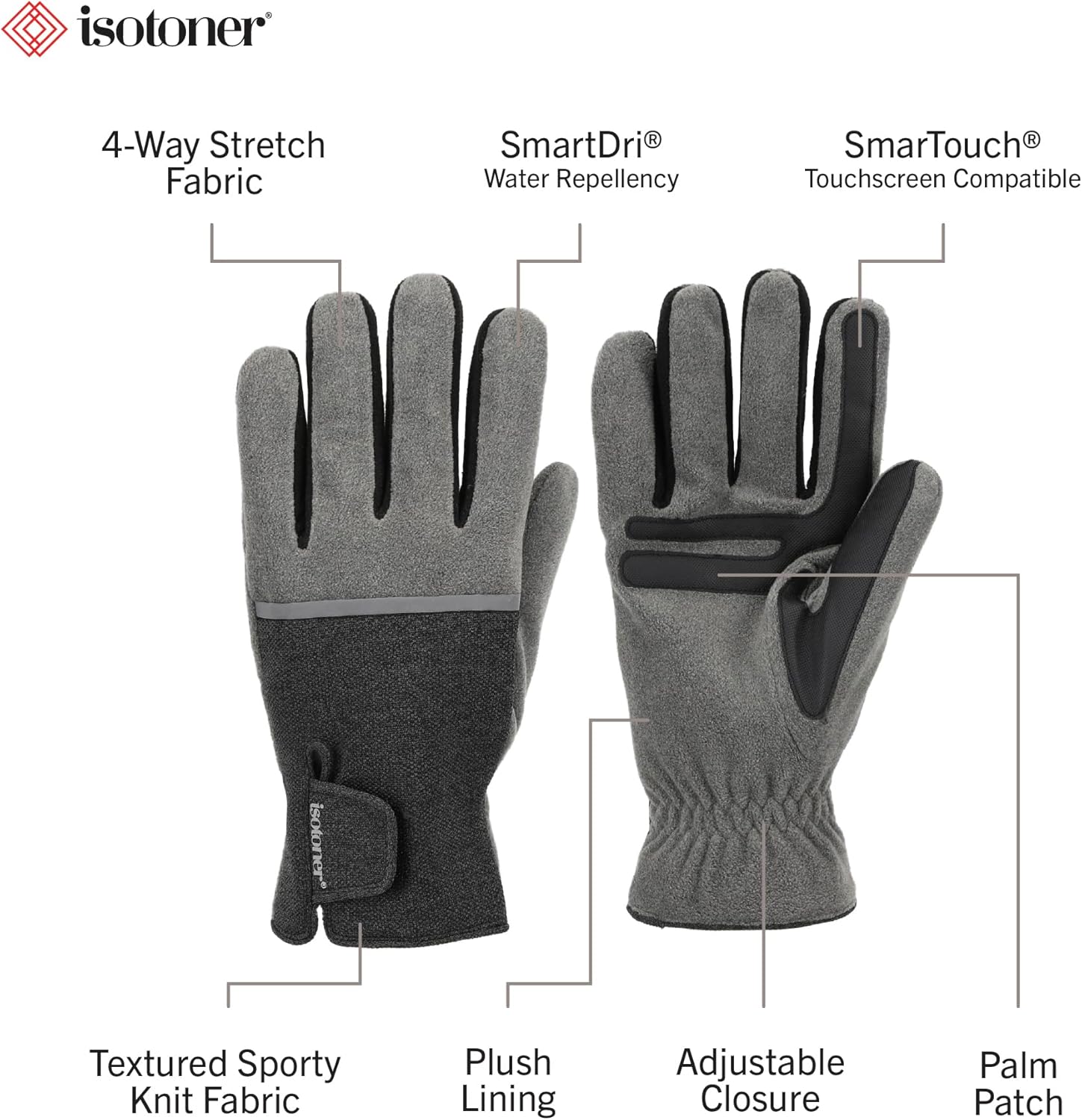isotoner mens Water Repellent Tech Stretch Touchscreen Gloves With Velcro Closure