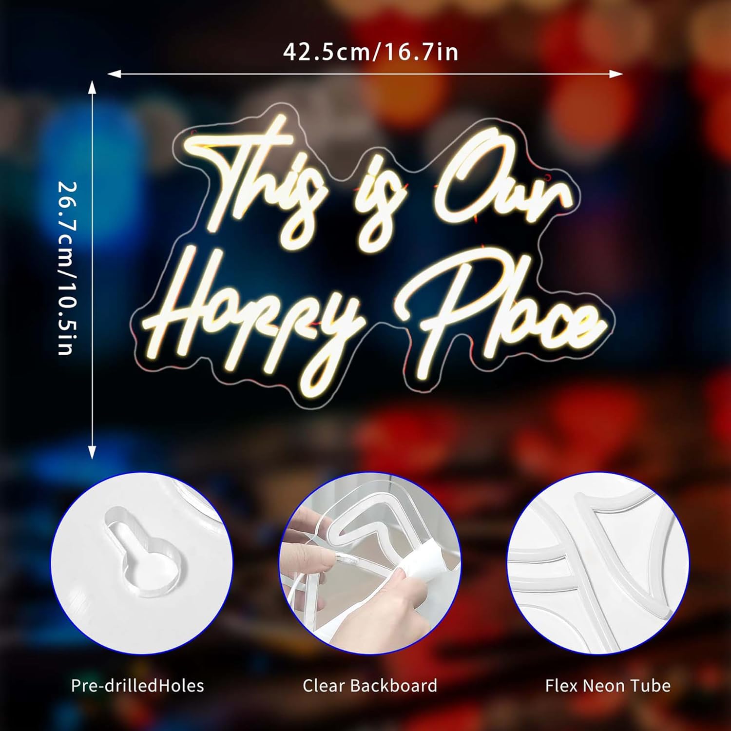 This Is Our Happy Place Neon Sign, Neon Signs for Wall Decor Neon Warm White LED Signs Room Neon Light Up Signs Home Decor for Bedroom Club Party Bar Shop USB Operated