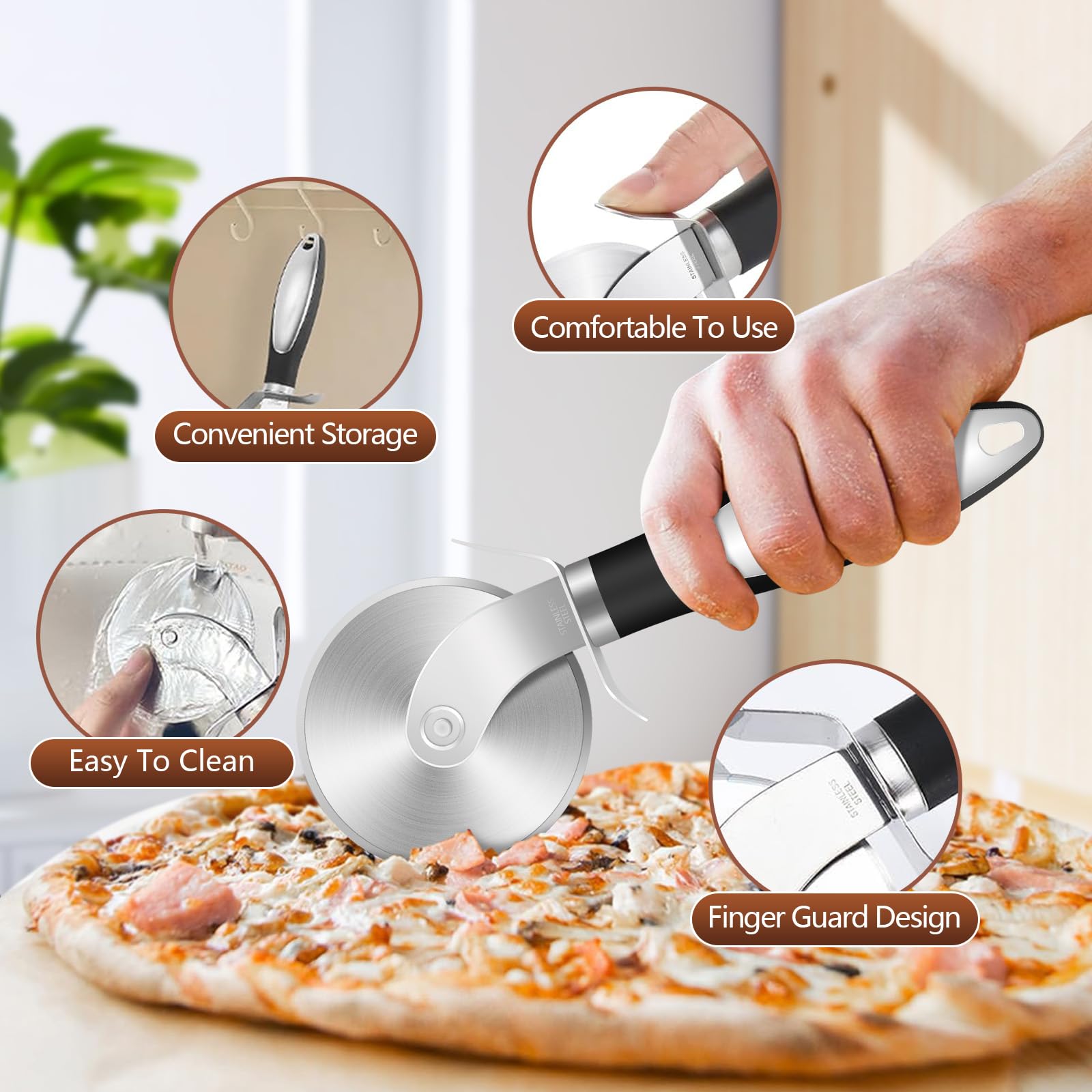KollyKolla Corta Pizza Acero Inoxidable, 21cm, Cortador de Pizza Redondo, con Mango Ergonómico, Fácil de Limpiar, Cortapizzas Ideal para Pastel, Pan y Pasta, Diseño Profesional y Ligero