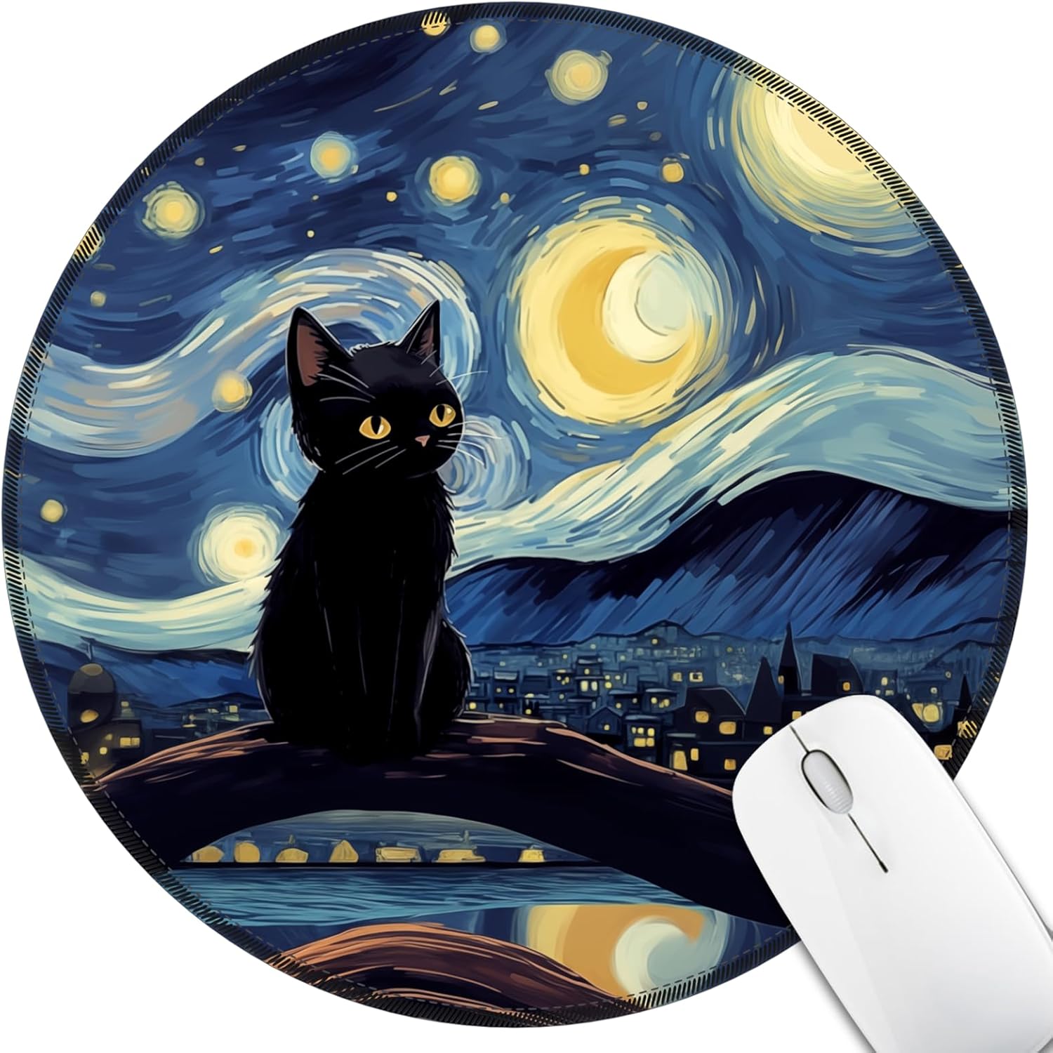 Black Cat Mouse Pad for Desk, Starry Night Small Cute Mousepad with Non-Slip Rubber Base, Round Mouse Pads for Wireless Mouse Laptop, Computer Mouse Mat for Home Office Desk Accessories