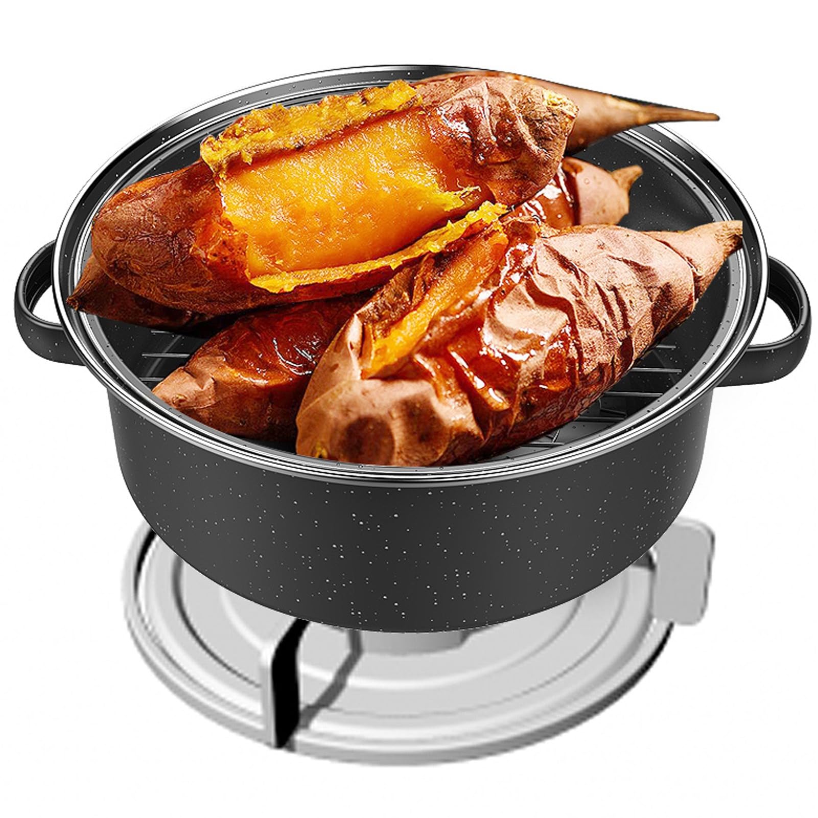 Sartén para asar con acabado moteado negro antiadherente para barbacoa, sartén con tapa para patatas dulces asadas, castañas, material esmaltado (26 cm, cubierta de hierro)