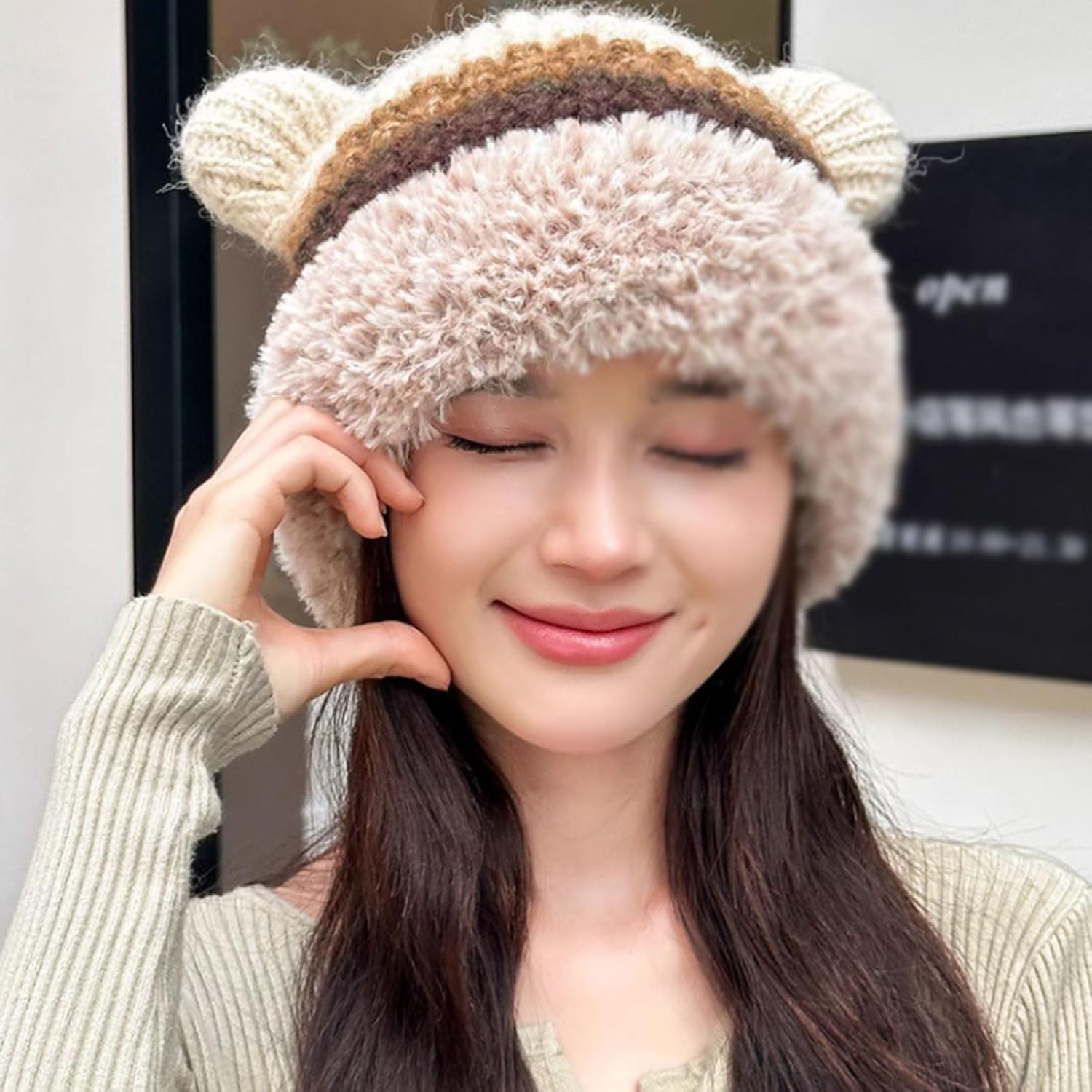 Women's Cute Bear Ear Winter Hat, Knitted Windproof Ear Protection Pullover for Outdoor & Ski Activities
