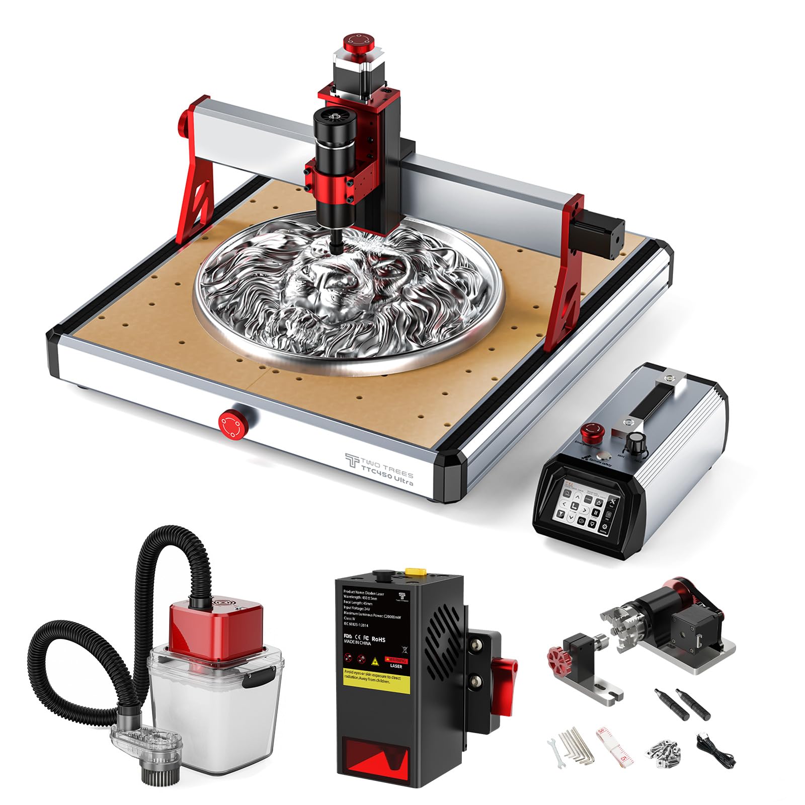 Twotrees TTC450 Ultra 500W CNC Fräsmaschine, 20W Lasermodul, M1 Staubabsaugung, CNC Drehachse, mit 3,5 Zoll Touchscreen Controller, CNC Gravurmaschine für Metall, Aluminium, Holz