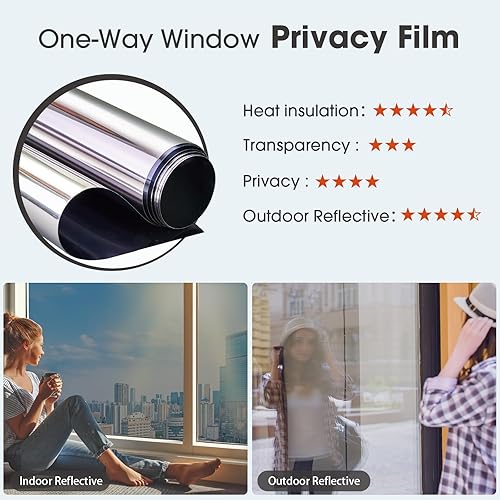 Miniatura 4 de Película de privacidad unidireccional para ventana, bloqueo solar, reflectante, extraíble, se adhiere para vidrio, no se ve hacia afuera, bloqueador