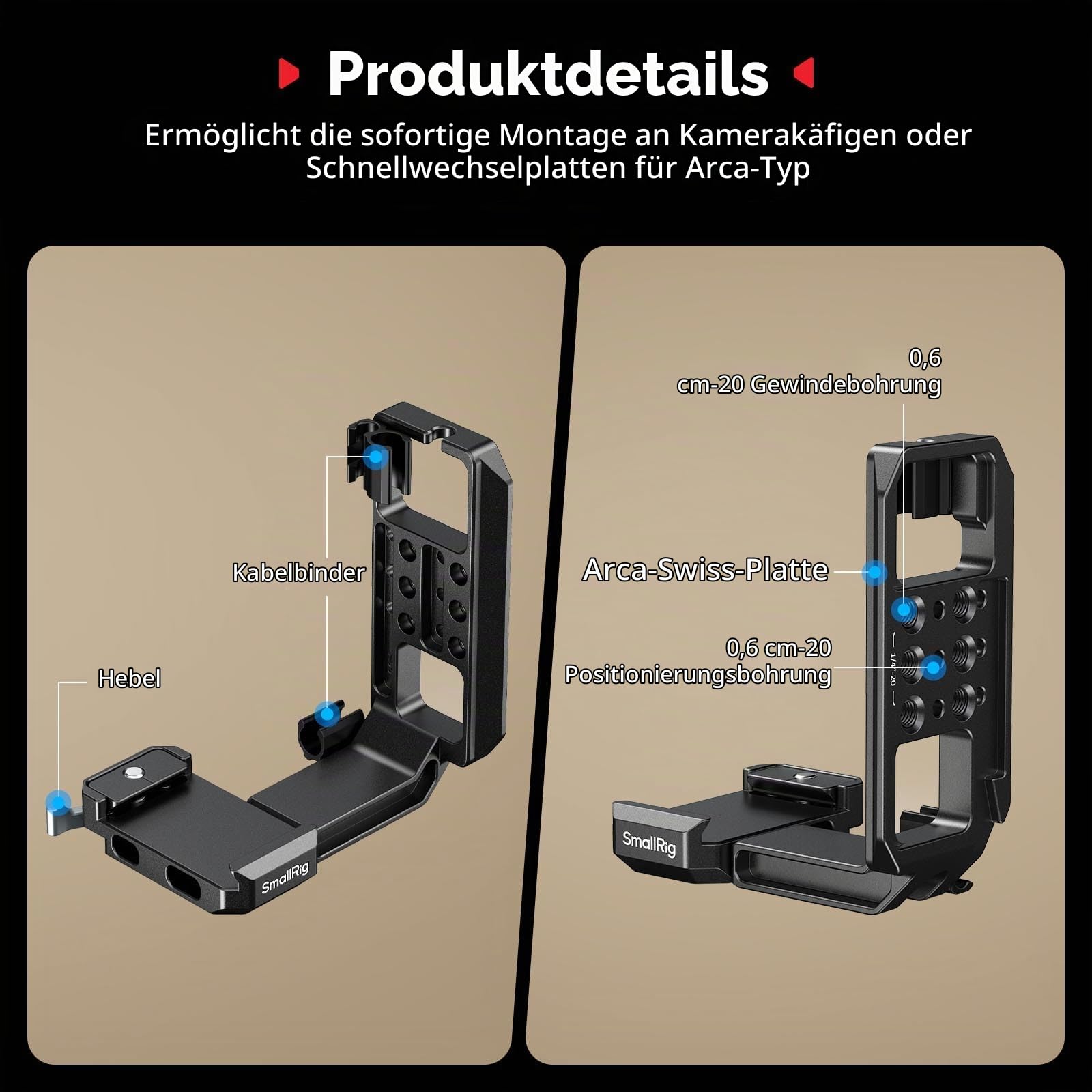 SMALLRIG Vertikale Montageplatte für Cage, mit integriertem 1/4''-20 Gewinde und für Arca-Basisplatte, L-Bracket-Umschaltgriff für Stative, für DJI RS 4 Pro/RS 4 Mini/RS 4/ RS 3 Pro – 5594