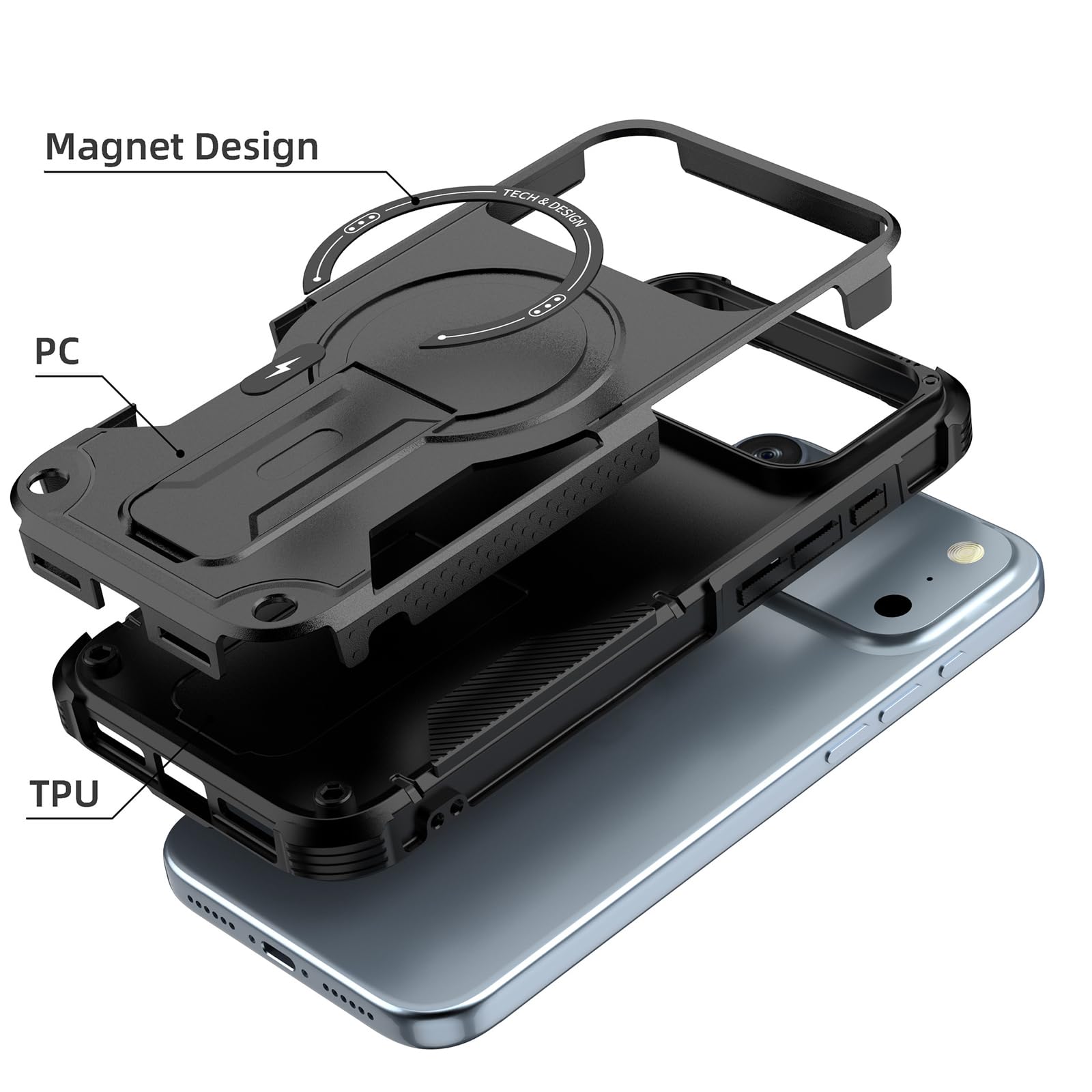 Magnetisch Hülle für iPhone 17 Pro Max/17 Pro/17 Air/17, Dünne Gefrostet rutschfeste Schutzhülle mit Versteck Ständer Handyhülle,Schwarz,17 Pro