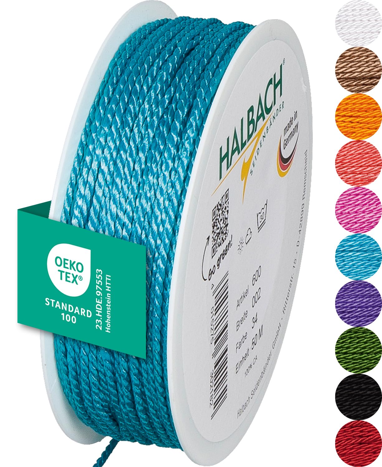Halbach Seidenbänder Premium Kordel (türkis) | Breite 2mm Länge 50m | Made in Germany & Öko-Tex Zertifiziert | glänzende Satinkordel aus Acetat