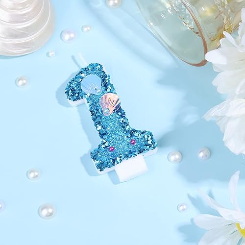 Miniatura 3 de Vela de número de cumpleaños de 3 pulgadas, velas de números de lentejuelas de concha azul con purpurina para decoración de pastel para cumpleaños,