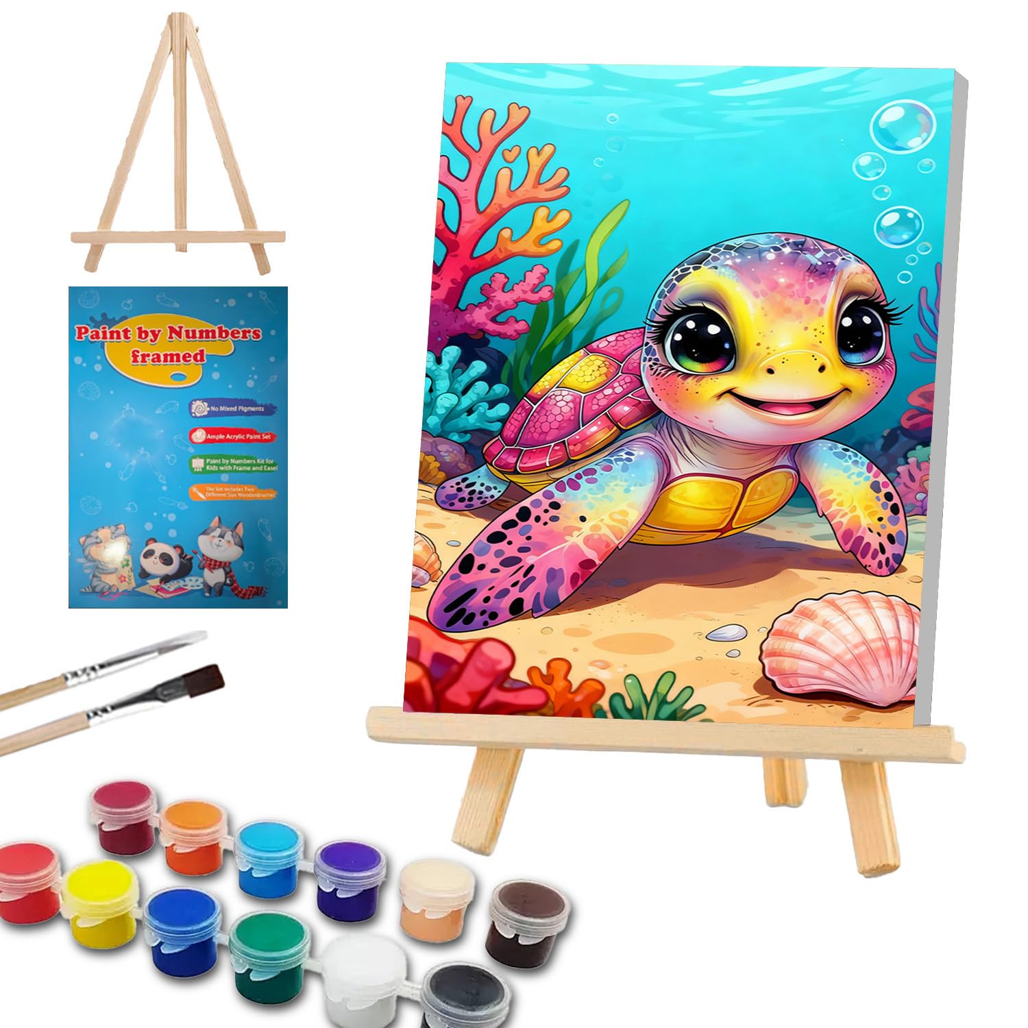 WEMEON Malen nach Zahlen ab 7 mit Rahmen und Staffelei, Schildkröte Malen nach Zahlen Erwachsene Anfänger, Tiere Paint by Numbers für Mädchen und Junge mit Geschenk Box 20x30cm