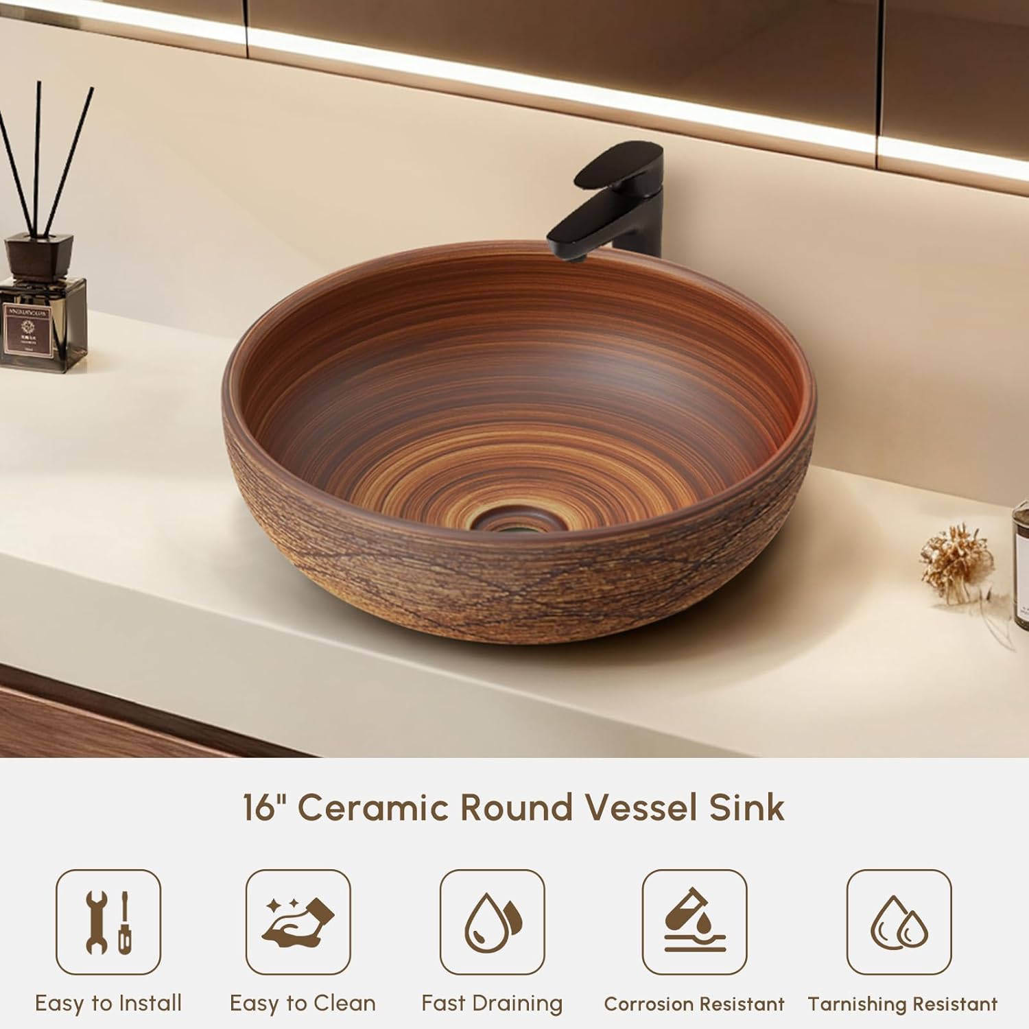 15" Oval Vessel Sink Ceramic Bathroom Vessel Sink Retro Wash Sink (Round)