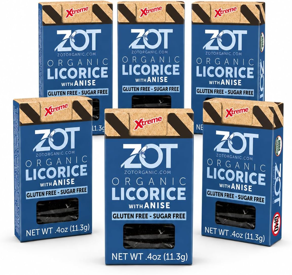 ZOT ORGANIC LICORICE EXTRACT, Anise flavor, 0.4 Oz Box, (Pack of 6) | SMALL HARD BITS, Bold Licorice Treat, Sugar-Free, Gluten-Free.