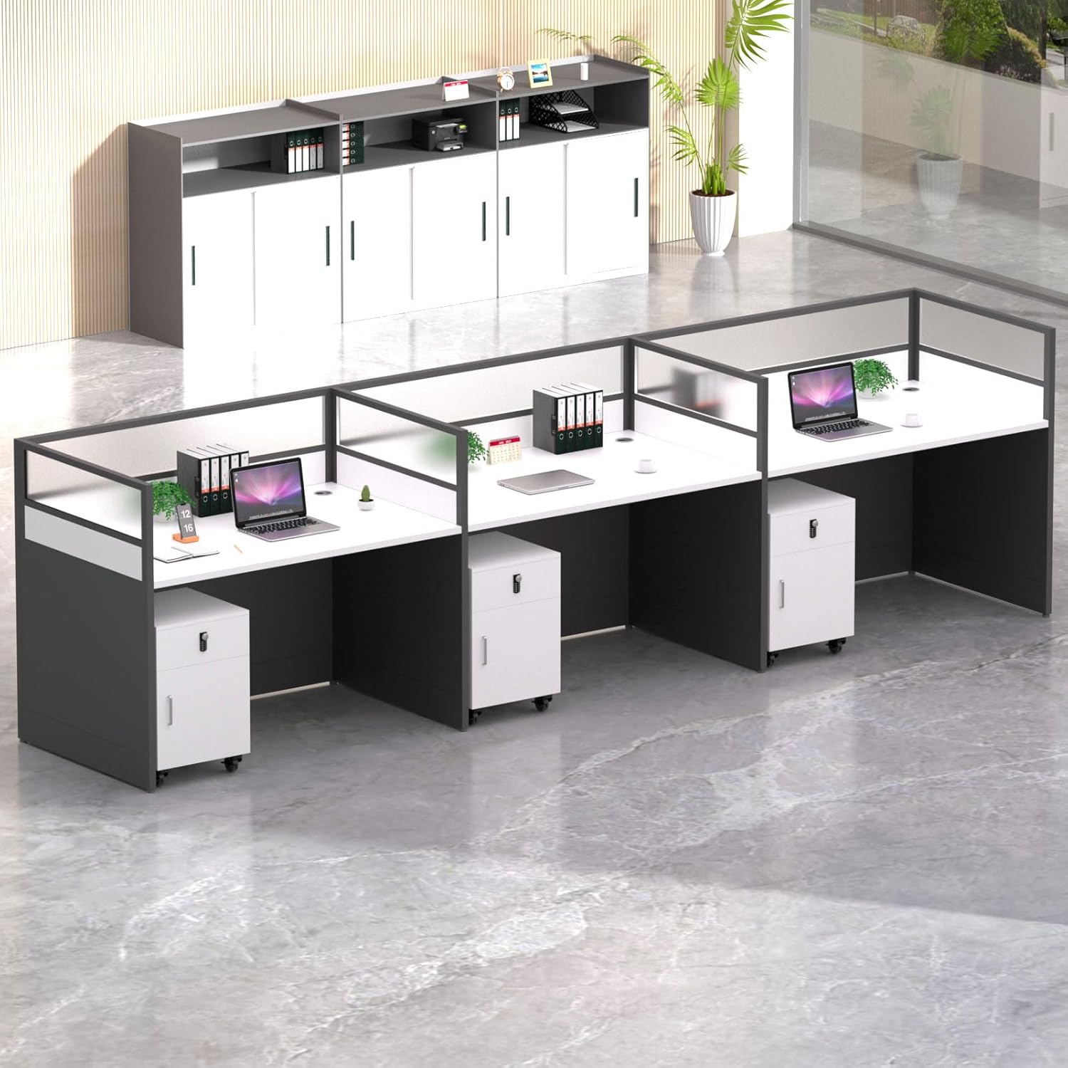 Nykto Office Cubicle Desk, Office Cubicle Workstation, Cubicle Desk with Privacy Panels, Cubicles Desks for Offices with Cable Grommet, for Startups/Home/Offices, (3- Person-S, Black with Cabinet)