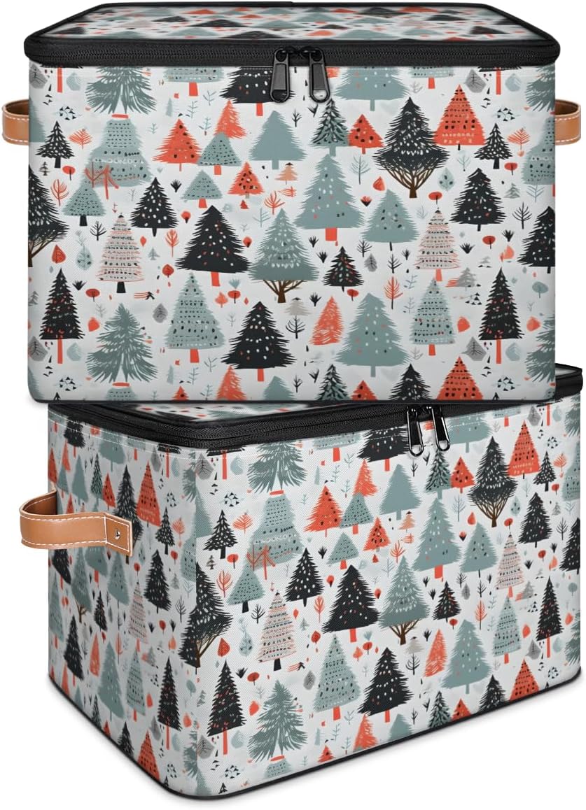 Storage Bin Set of 2 Forest Trees Storage Basket with Zipper Lid & Handle Foldable Closet Shelf 2 Pack Cloth Organizer Basket Cube Bins Clothes Organizer for Nursery, Bedroom