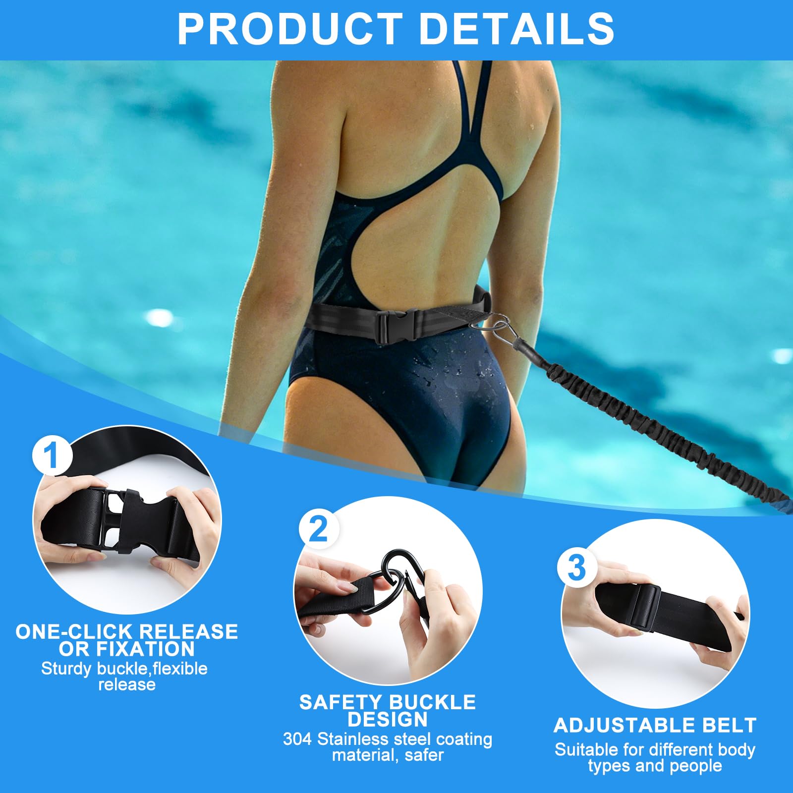 4-10M Cintura di Resistenza Regolabile, Accessorio di Piscine | Cintura da Nuoto per Piscina, Corda da Allenamento per Elastico da Nuoto, Cinture da Allenamento per la Nuotata Adulti