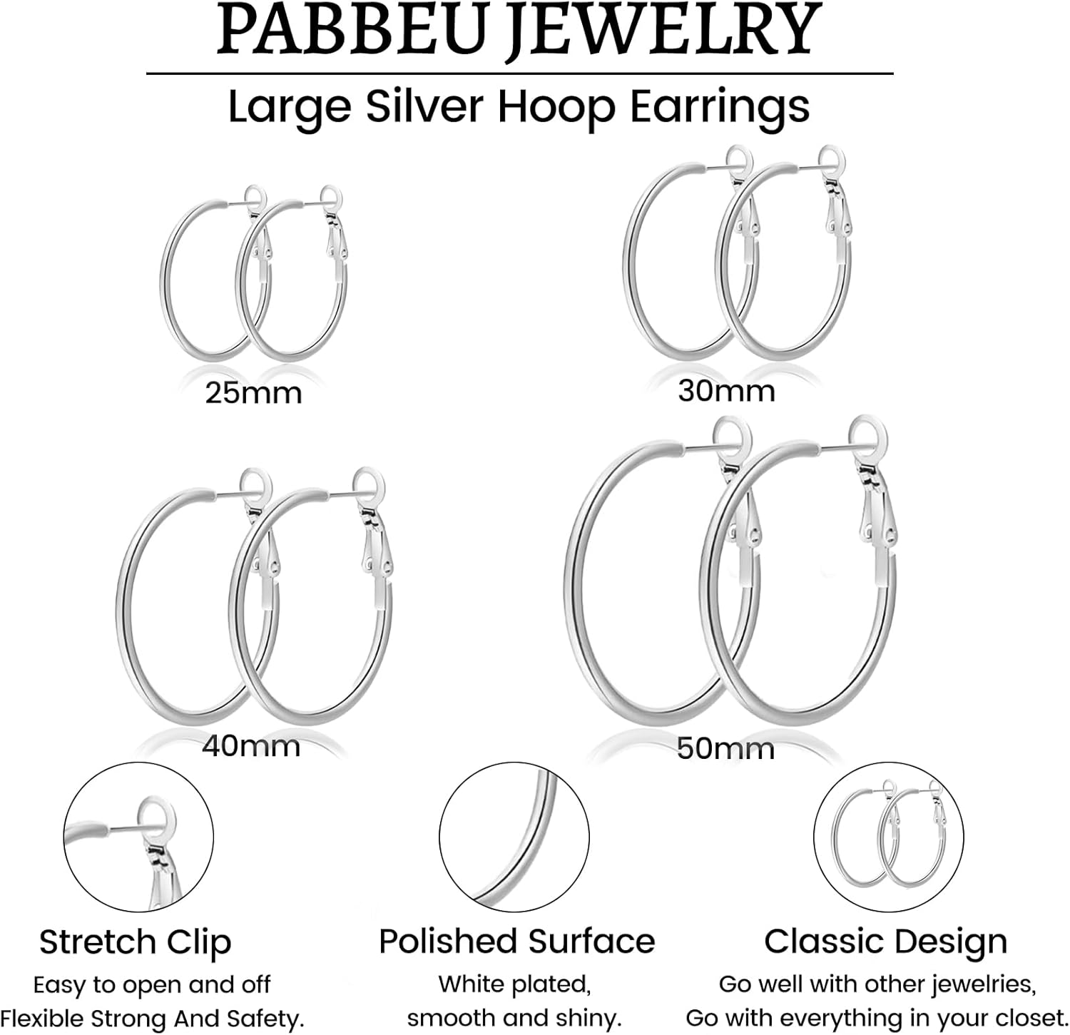 PABBEU Silver Hoop Earrings Large 316L Stainless Steel Earrings Lightweight Silver Earrings Hypoallergenic Big Thin Silver Earrings for Women s Boucle Doreille Femme 25/30/40/50/60/70mm - Image 2